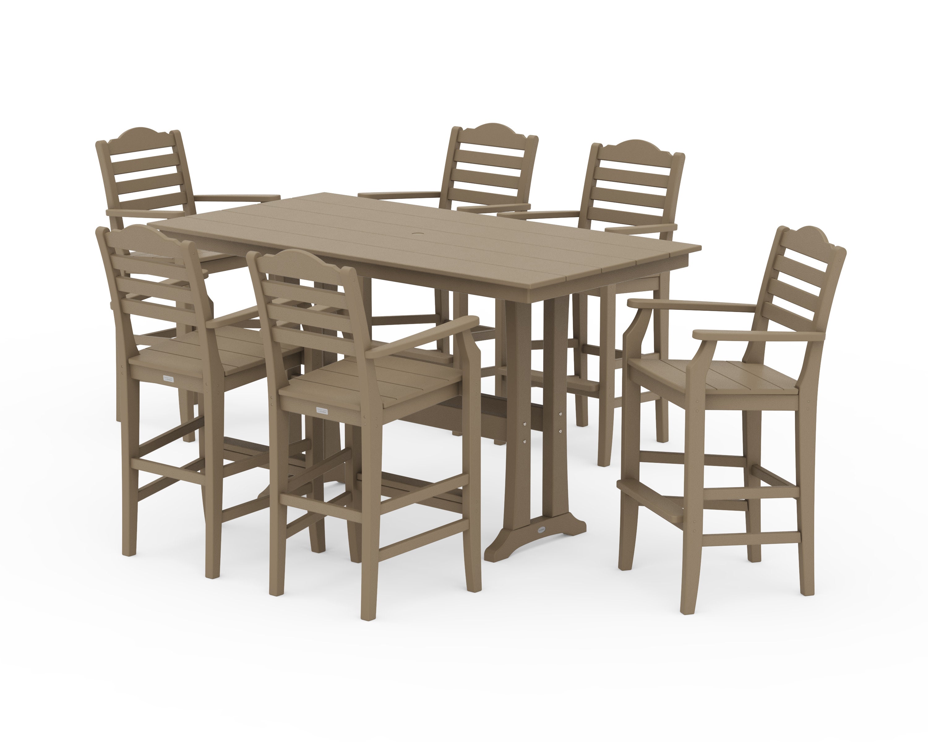 Savannah Arm Chair 7-Piece Farmhouse Bar Set with Trestle Legs in Vintage Sahara