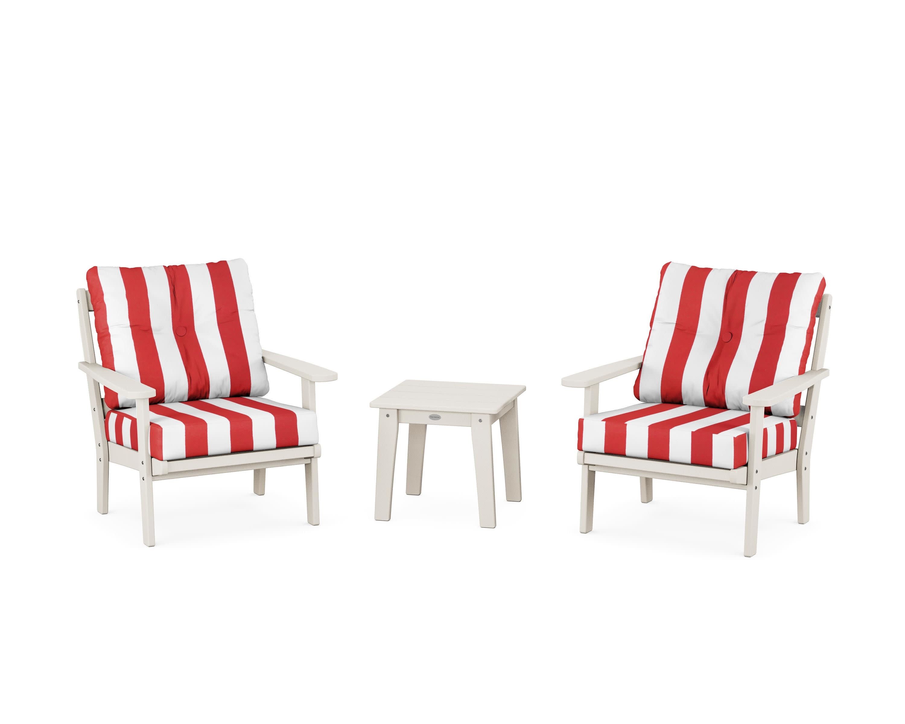 Mission 3-Piece Deep Seating Set in Sand / Cabana Stripe Crimson