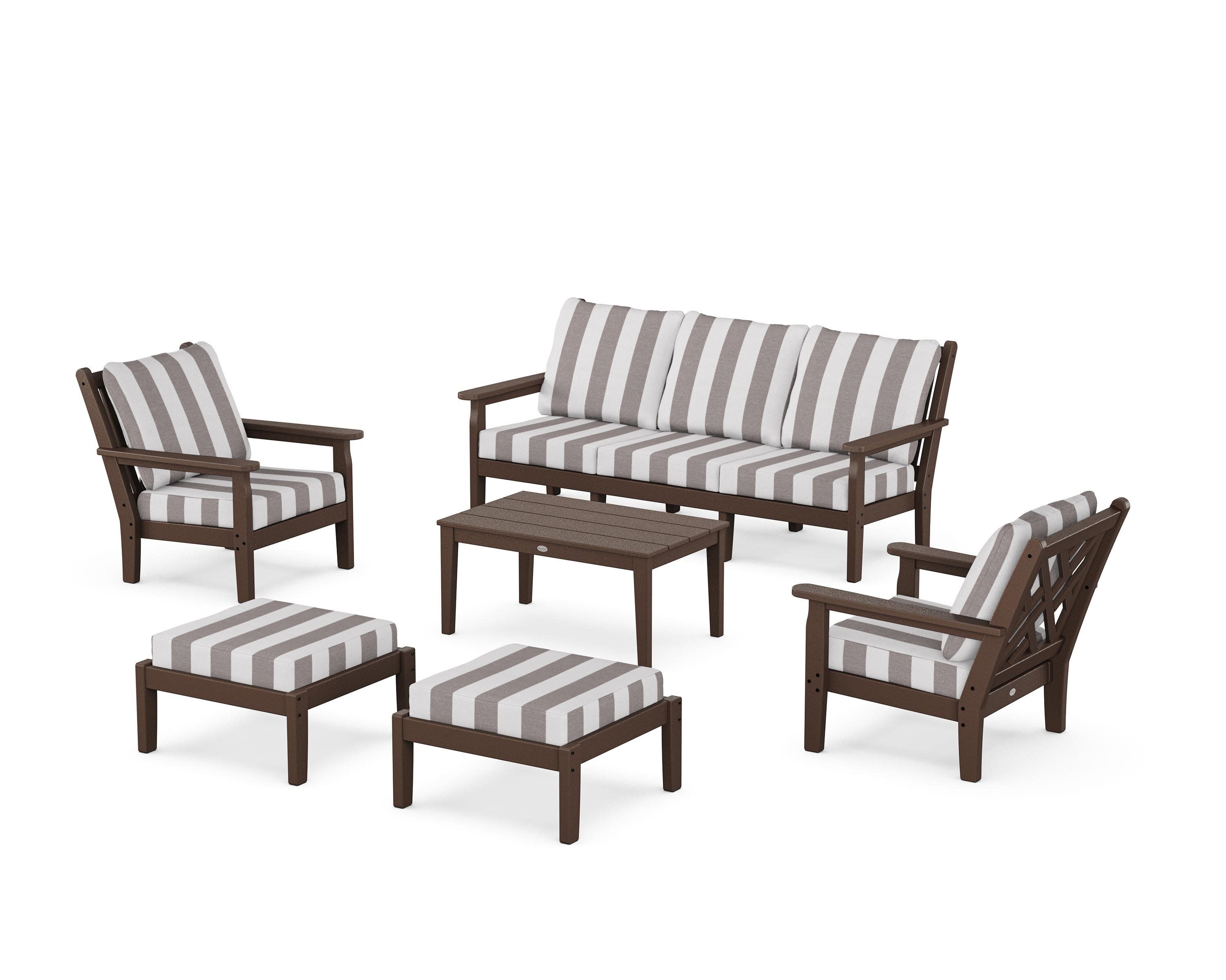 Chippendale 6-Piece Lounge Sofa Set in Mahogany / Cabana Stripe Grey Mist
