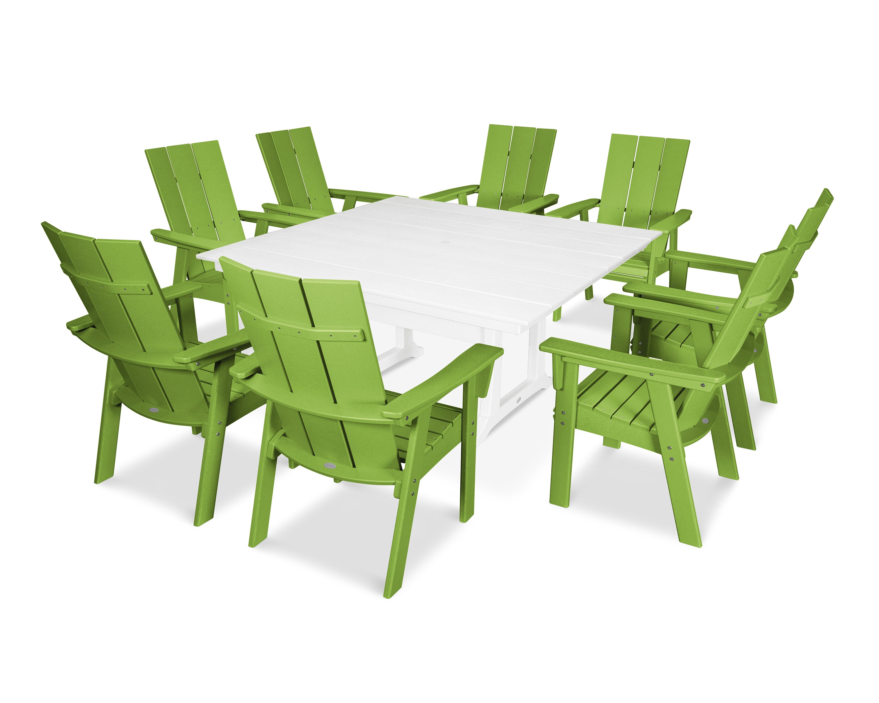 Modern Curveback Adirondack 9-Piece Farmhouse Trestle Dining Set in Lime / White
