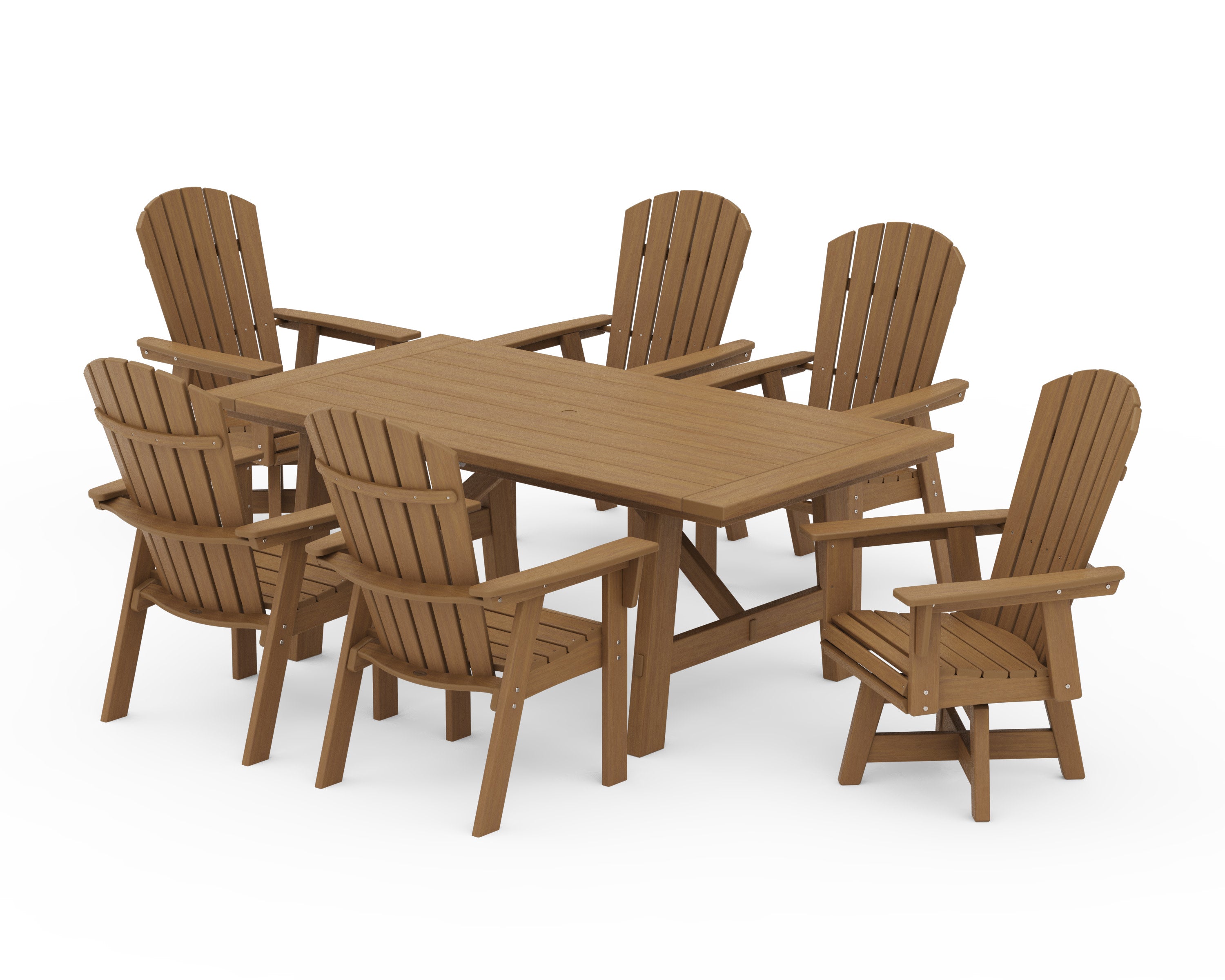 Nautical Curveback Adirondack Swivel Chair 7-Piece Rustic Farmhouse Dining Set in Natural