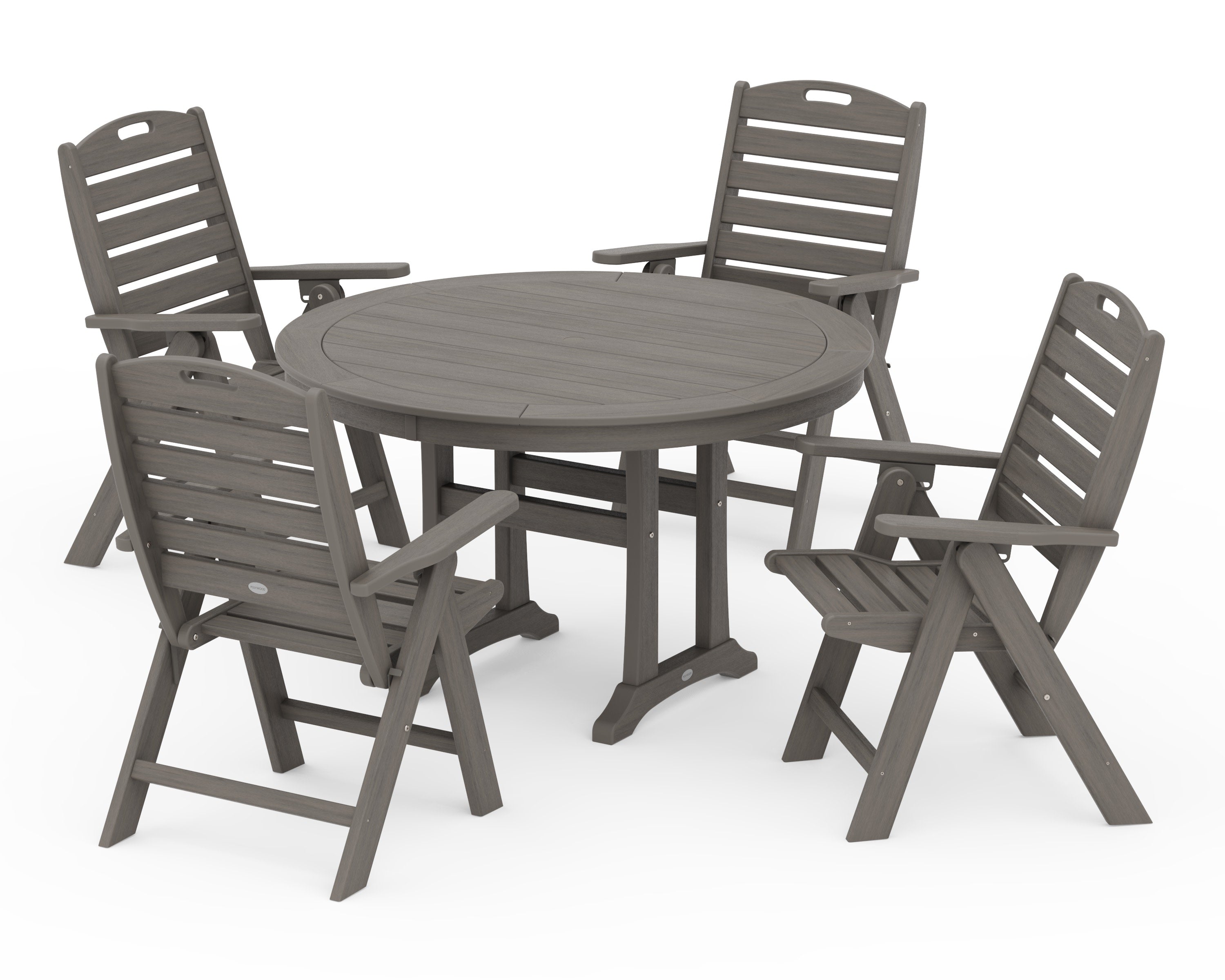 Nautical Highback Chair 5-Piece Round Dining Set with Trestle Legs in Driftwood