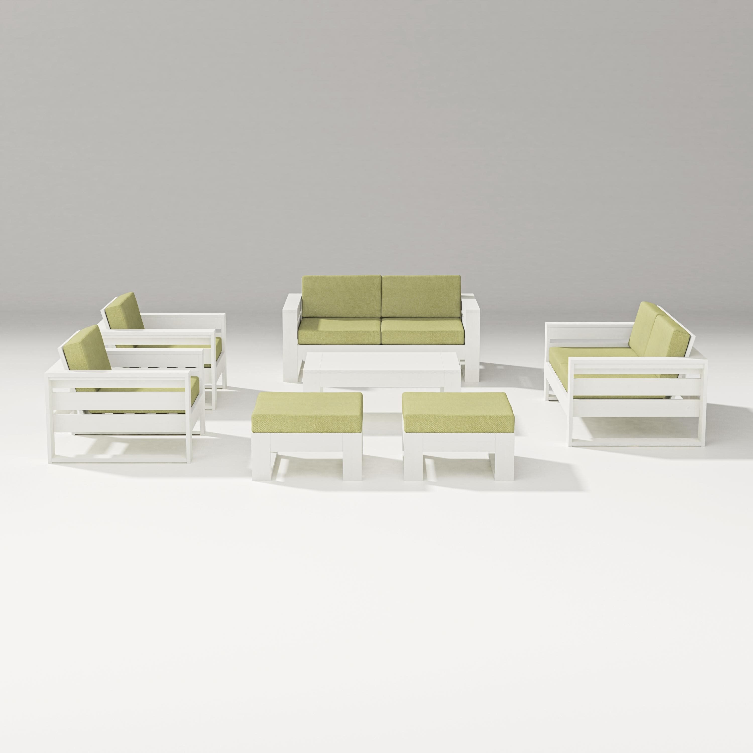 Latitude 7-Piece Lounge Loveseat Set in Vintage White / Chartreuse Boucle