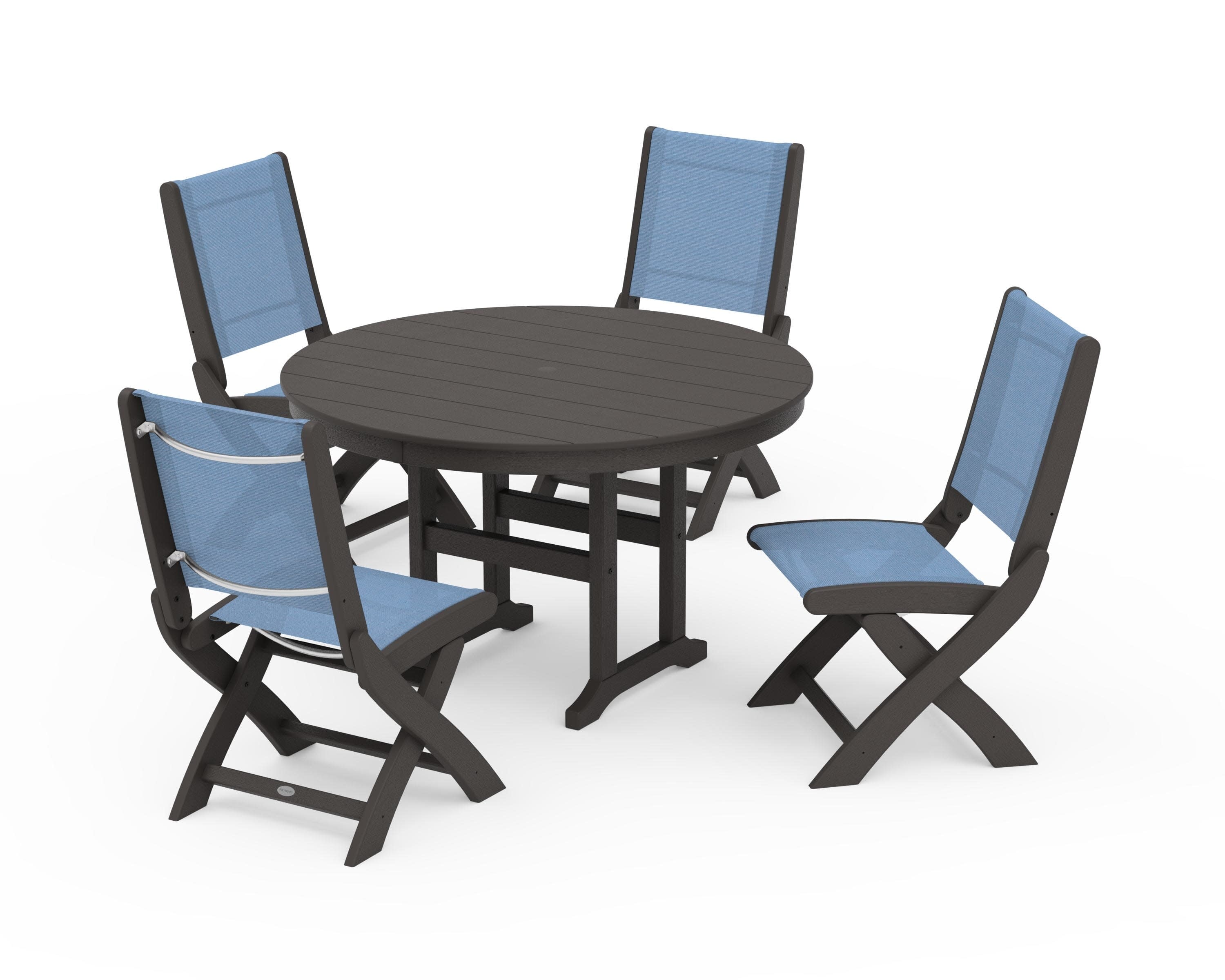 Coastal Folding Side Chair 5-Piece Round Dining Set in Vintage Coffee / Poolside Sling