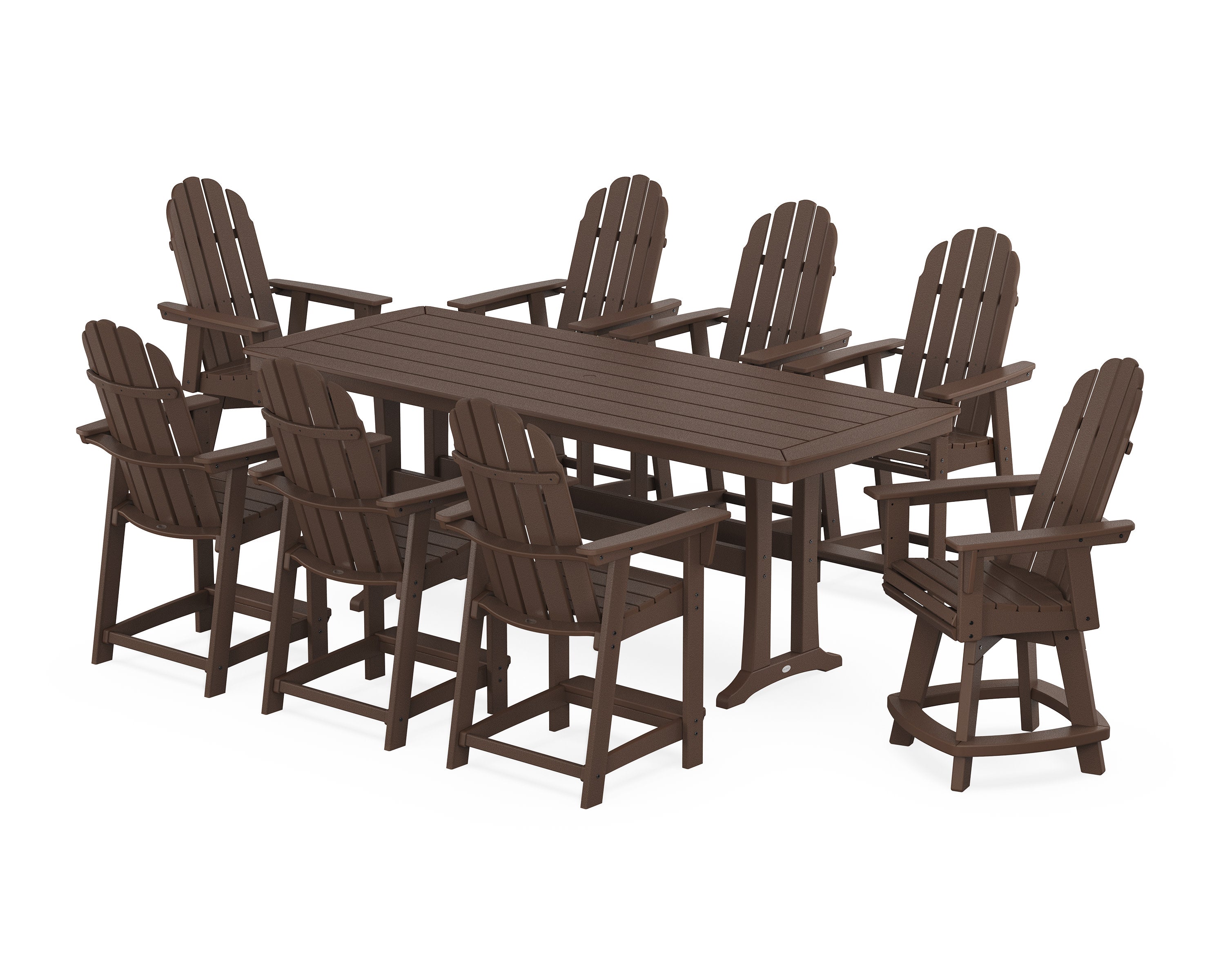 Vineyard Curveback Adirondack Swivel 9-Piece Counter Set with Trestle Legs in Mahogany