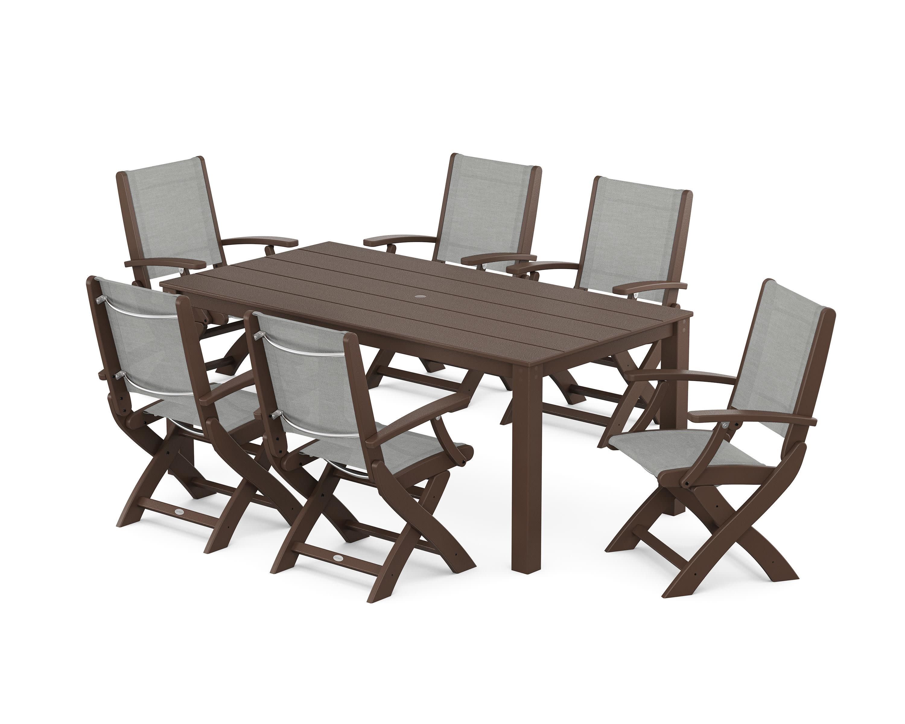 Coastal Folding Chair 7-Piece Parsons Dining Set in Mahogany / Metallic Sling