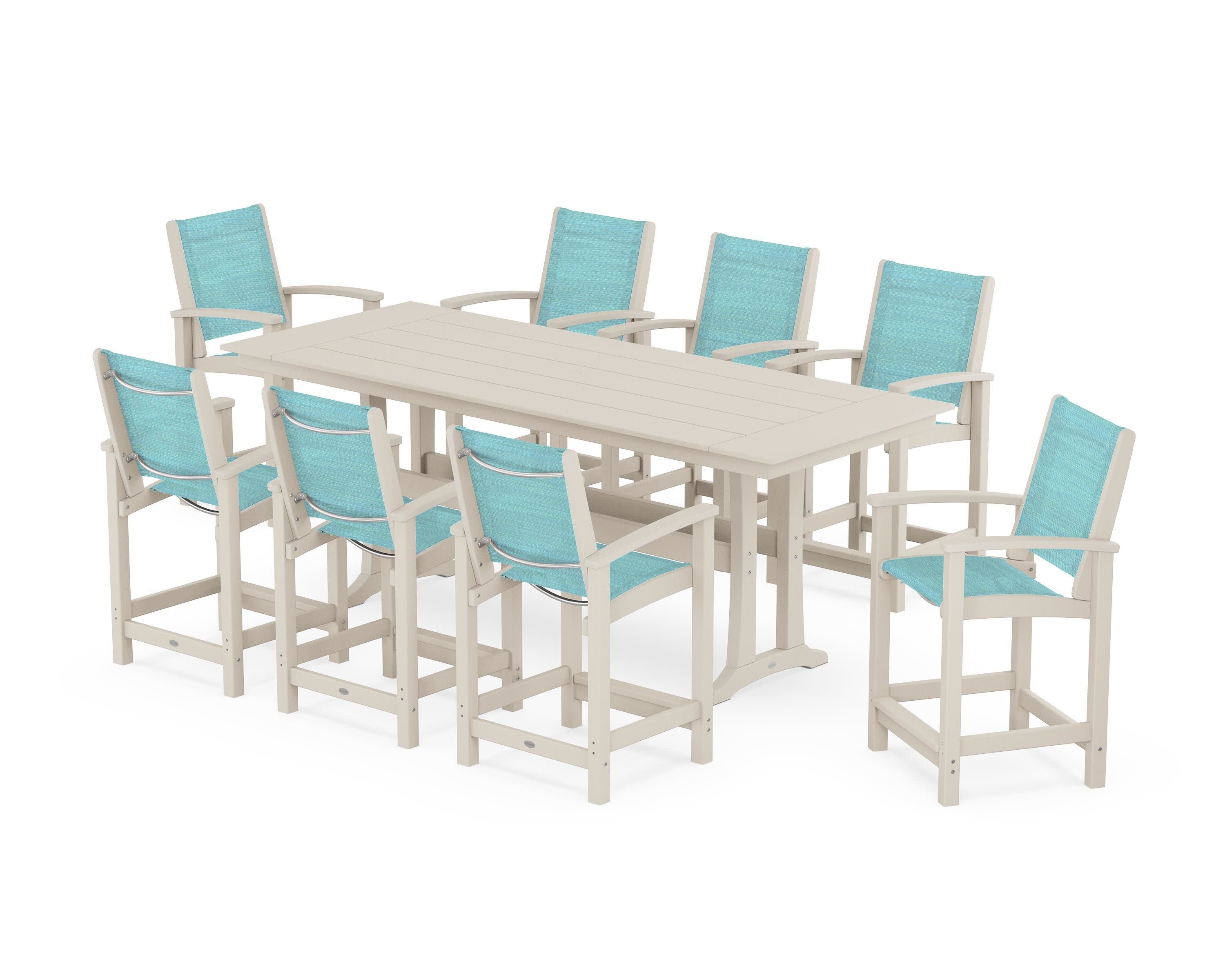 Coastal 9-Piece Farmhouse Counter Set with Trestle Legs in Sand / Dupioni Aquamarine Sling