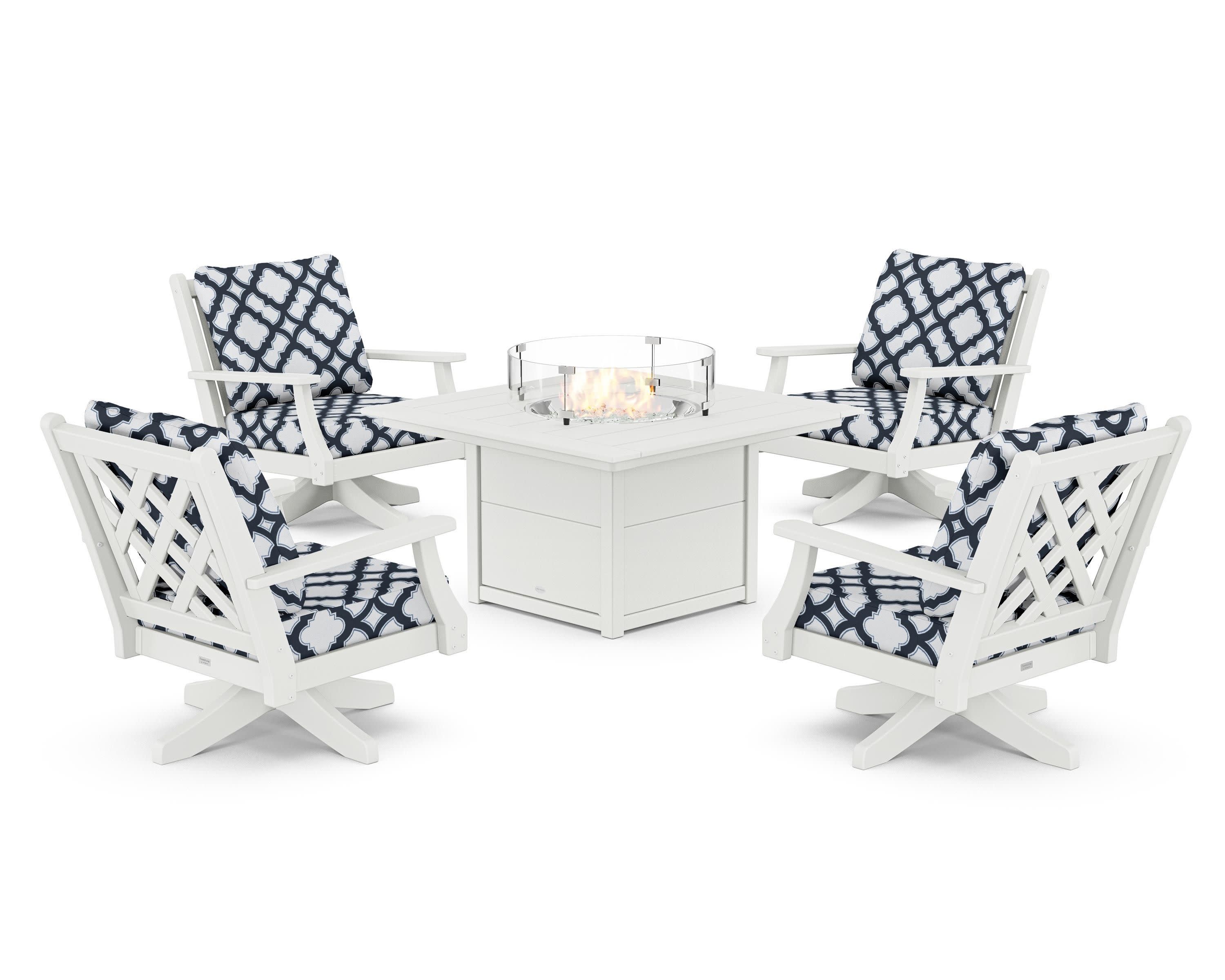 Wovendale 5-Piece Deep Seating Swivel Conversation Set with Fire Pit Table in White / Trellis Marine Indigo