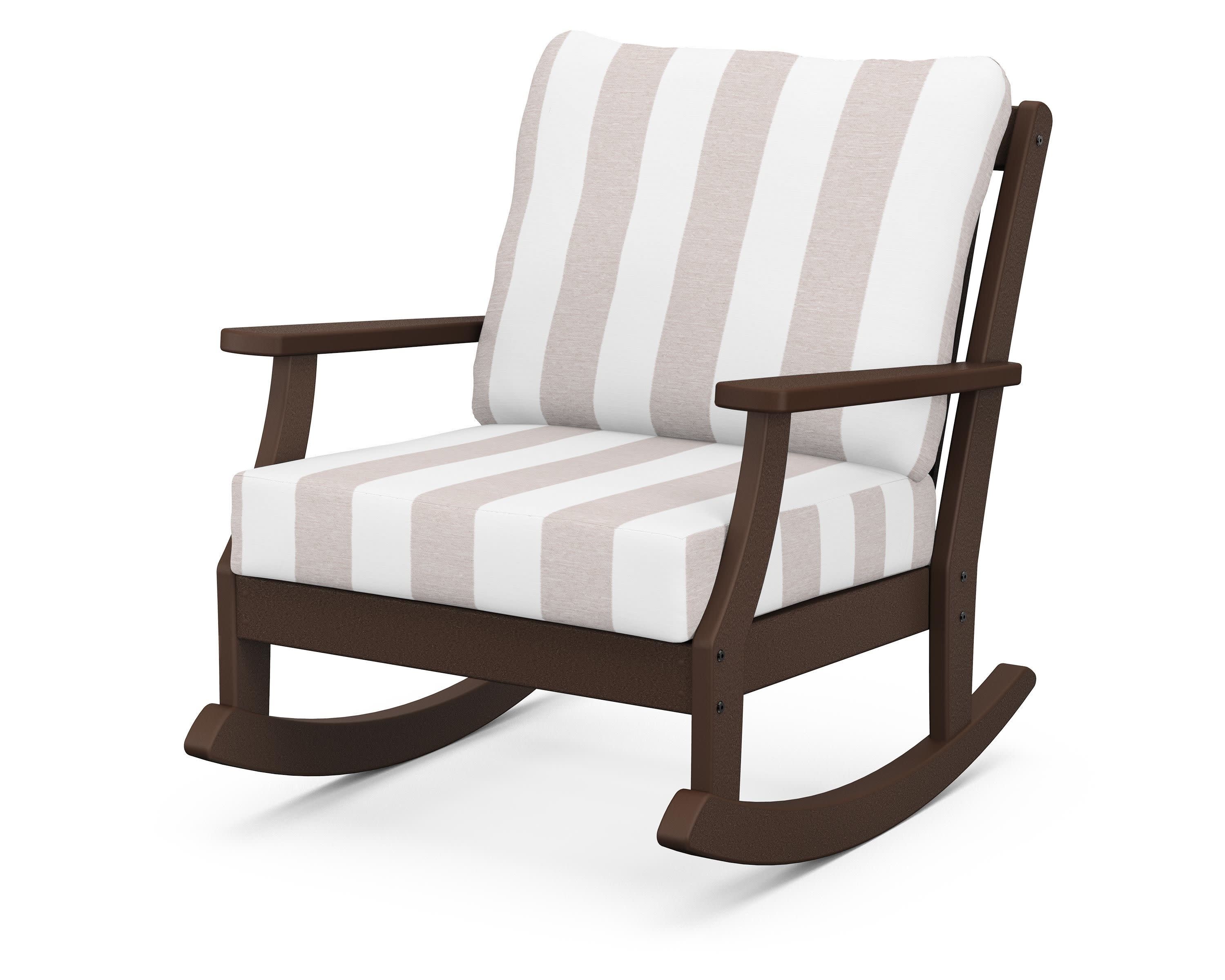 Braxton Deep Seating Rocking Chair in Mahogany / Cabana Stripe Dune Burlap
