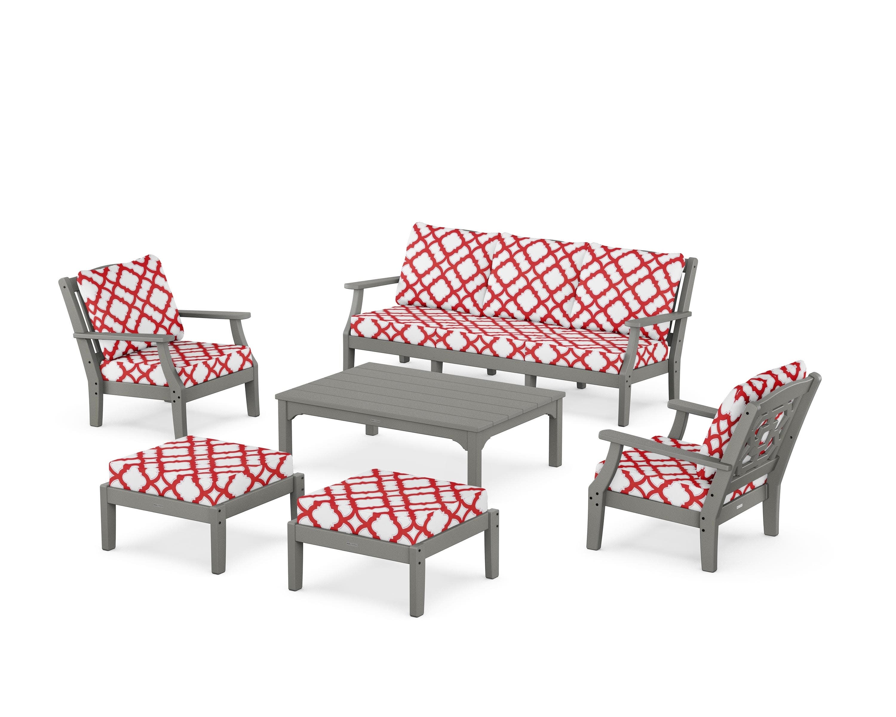 Chinoiserie 6-Piece Lounge Sofa Set in Slate Grey / Trellis Crimson
