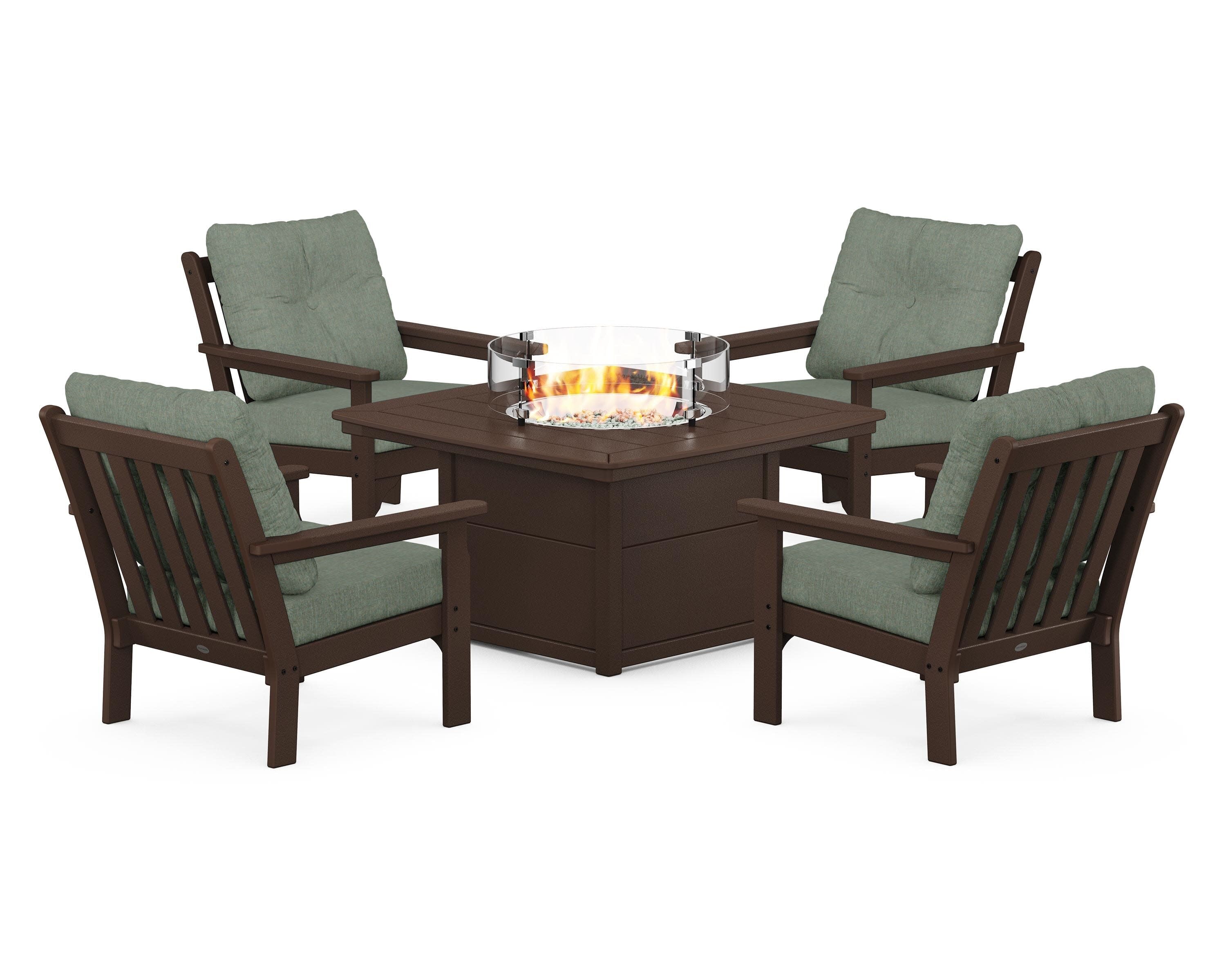 Vineyard 5-Piece Conversation Set with Fire Pit Table in Mahogany / Cast Sage