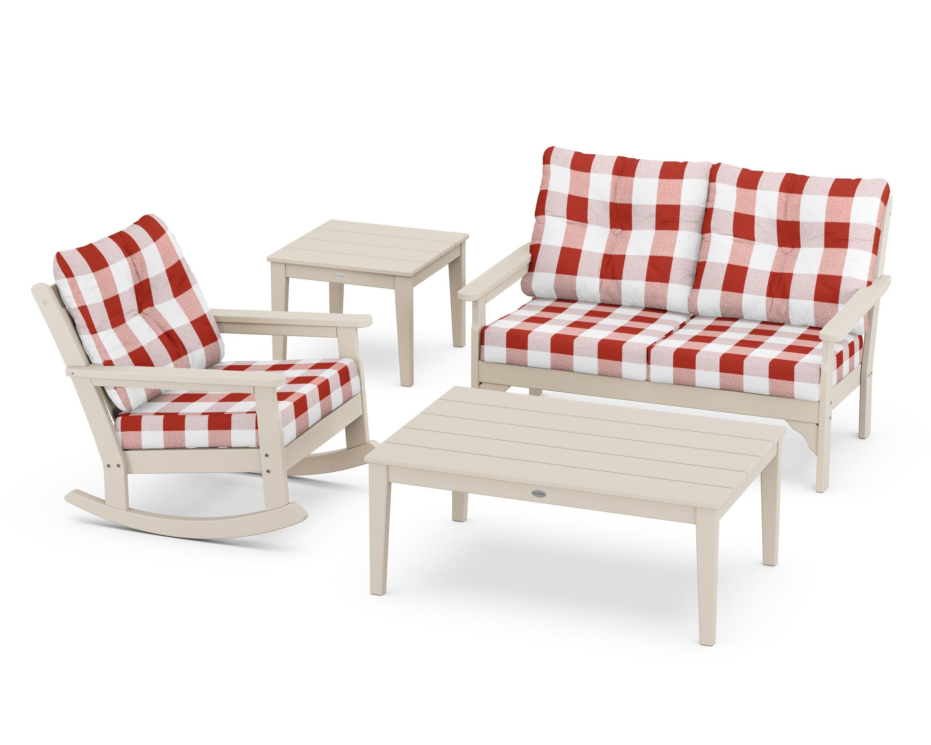Vineyard 4-Piece Deep Seating Rocker Set in Sand / Buffalo Plaid Crimson