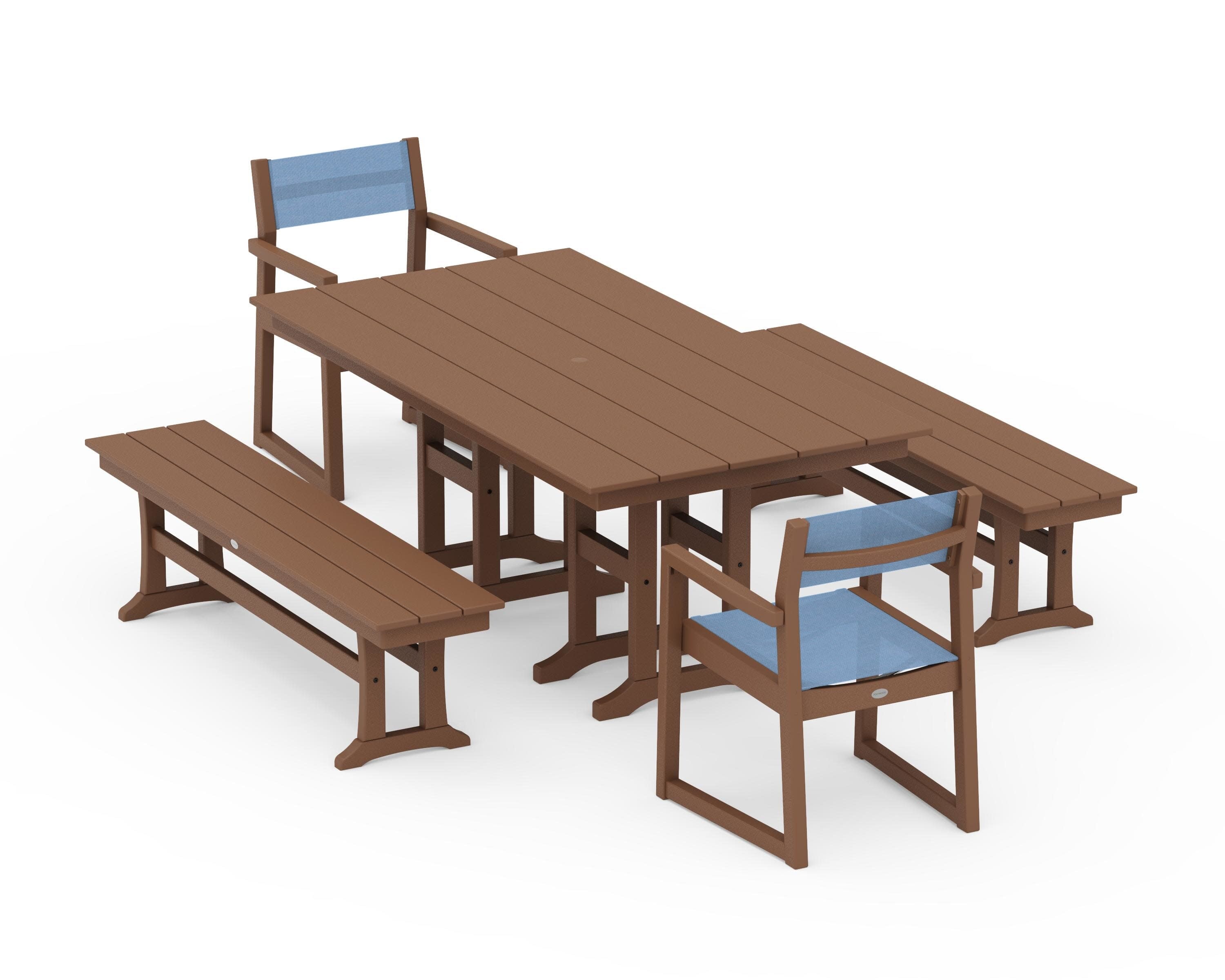 EDGE Sling Arm Chair 5-Piece Farmhouse Dining Set with Benches in Teak / Poolside Sling