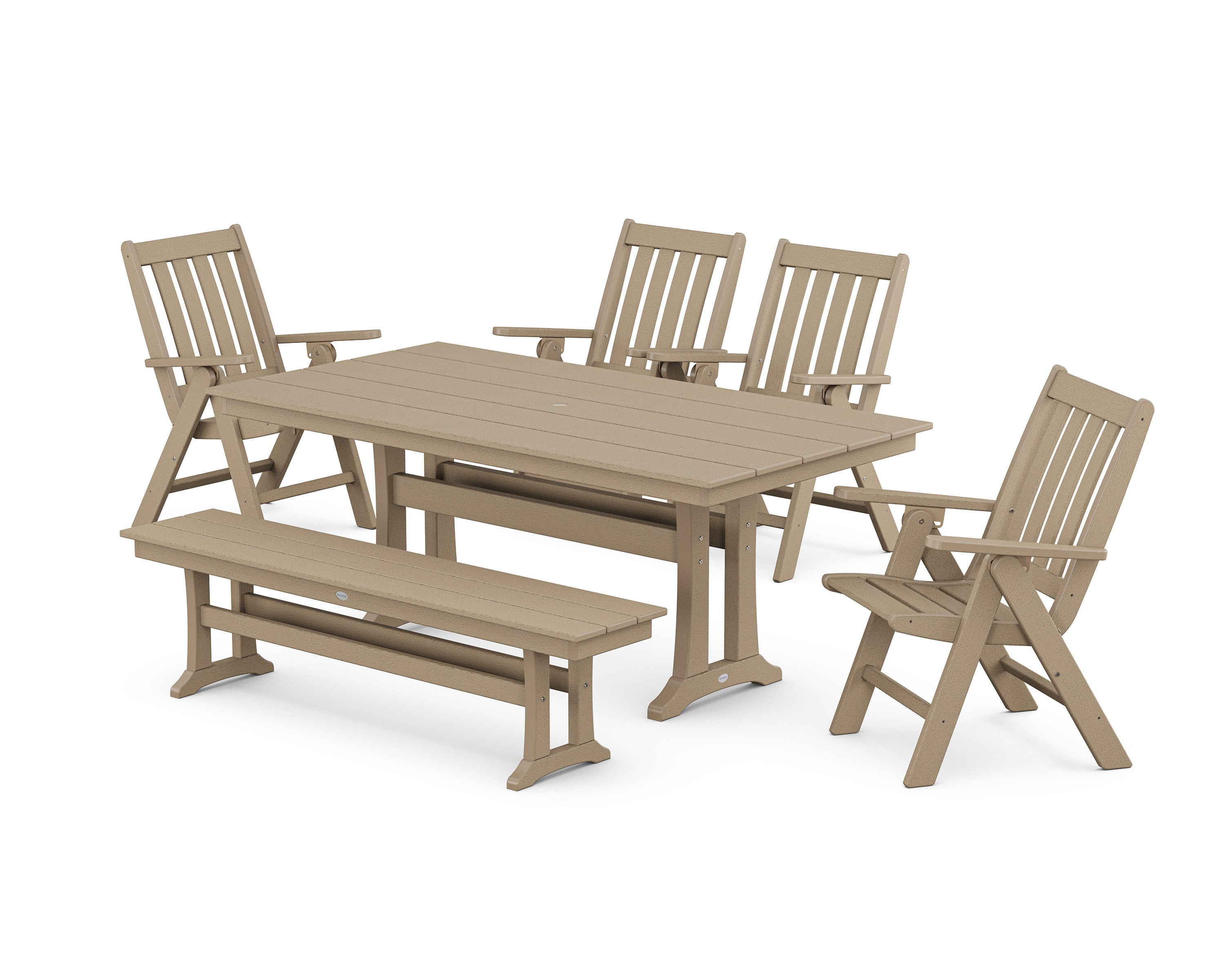 Vineyard 6-Piece Folding Chair Farmhouse Dining Set with Trestle Legs and Bench in Vintage Sahara