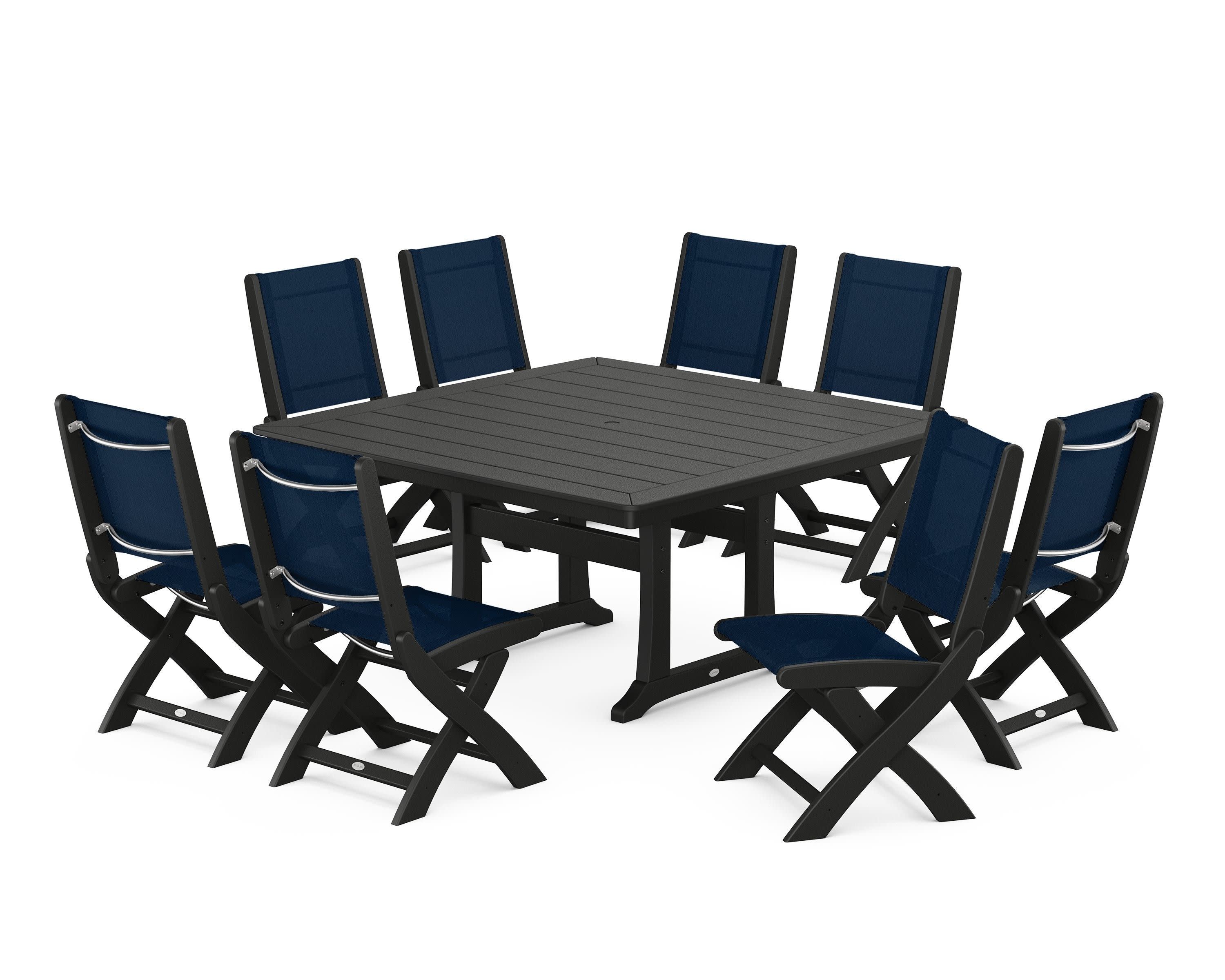 Coastal Folding Side Chair 9-Piece Dining Set with Trestle Legs in Black / Navy Blue Sling