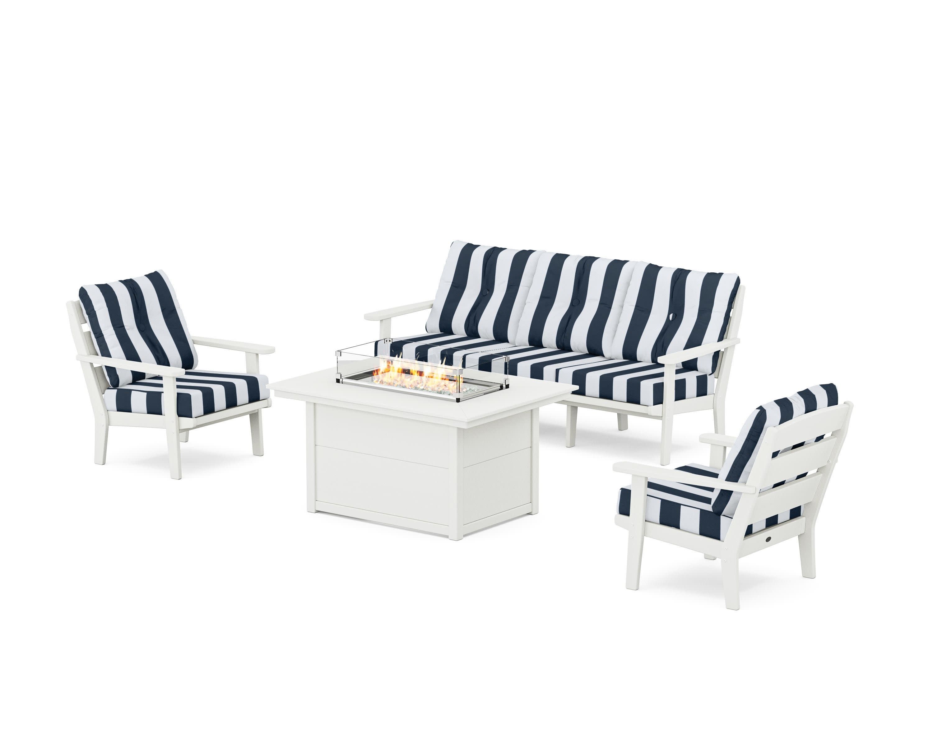Lakeside Deep Seating Fire Pit Table Set in Vintage White / Cabana Stripe Marine Indigo