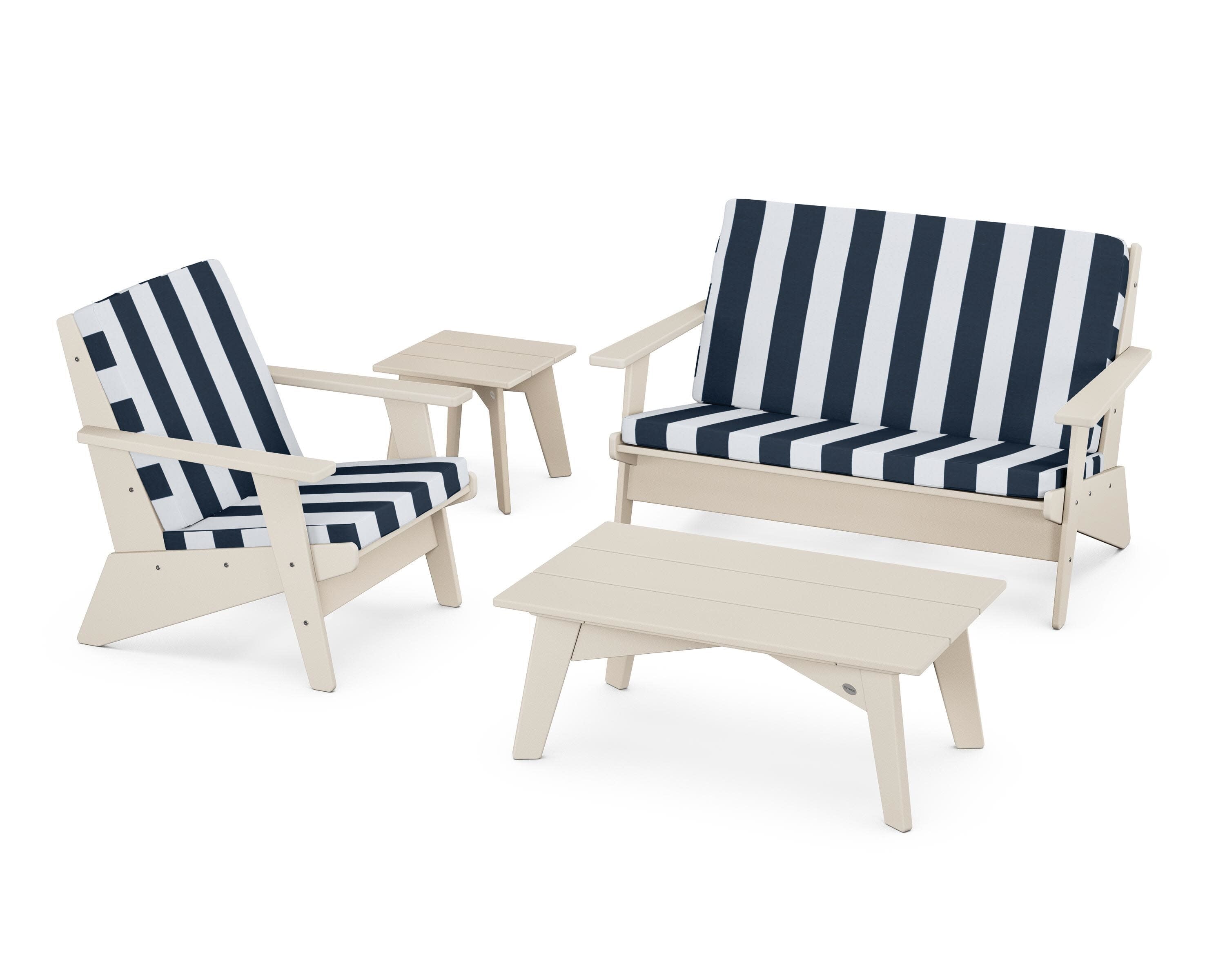 Riviera Modern Lounge 4-Piece Set in Sand / Cabana Stripe Marine Indigo