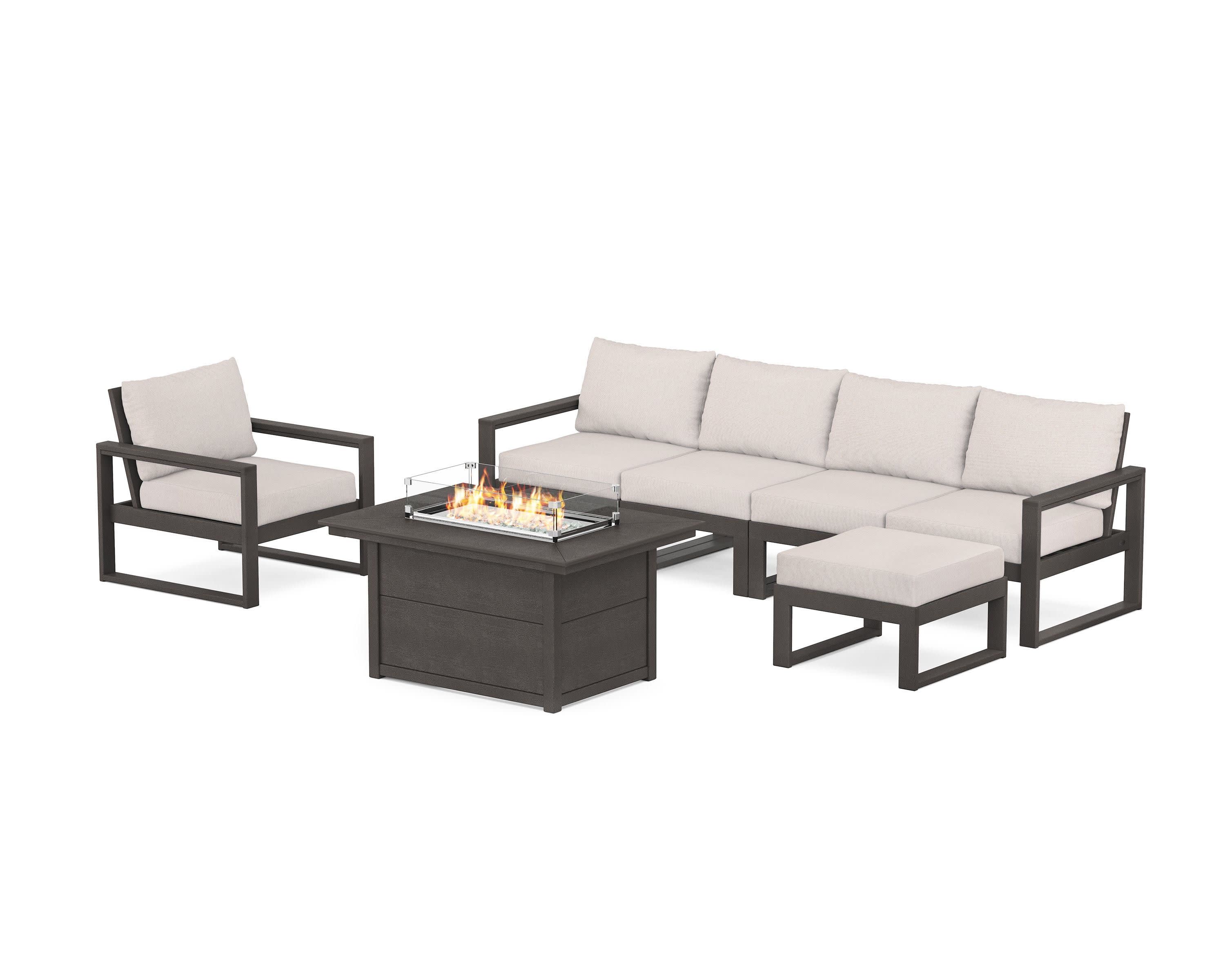 EDGE Sectional Lounge and Fire Pit Set in Vintage Coffee / Dune Burlap