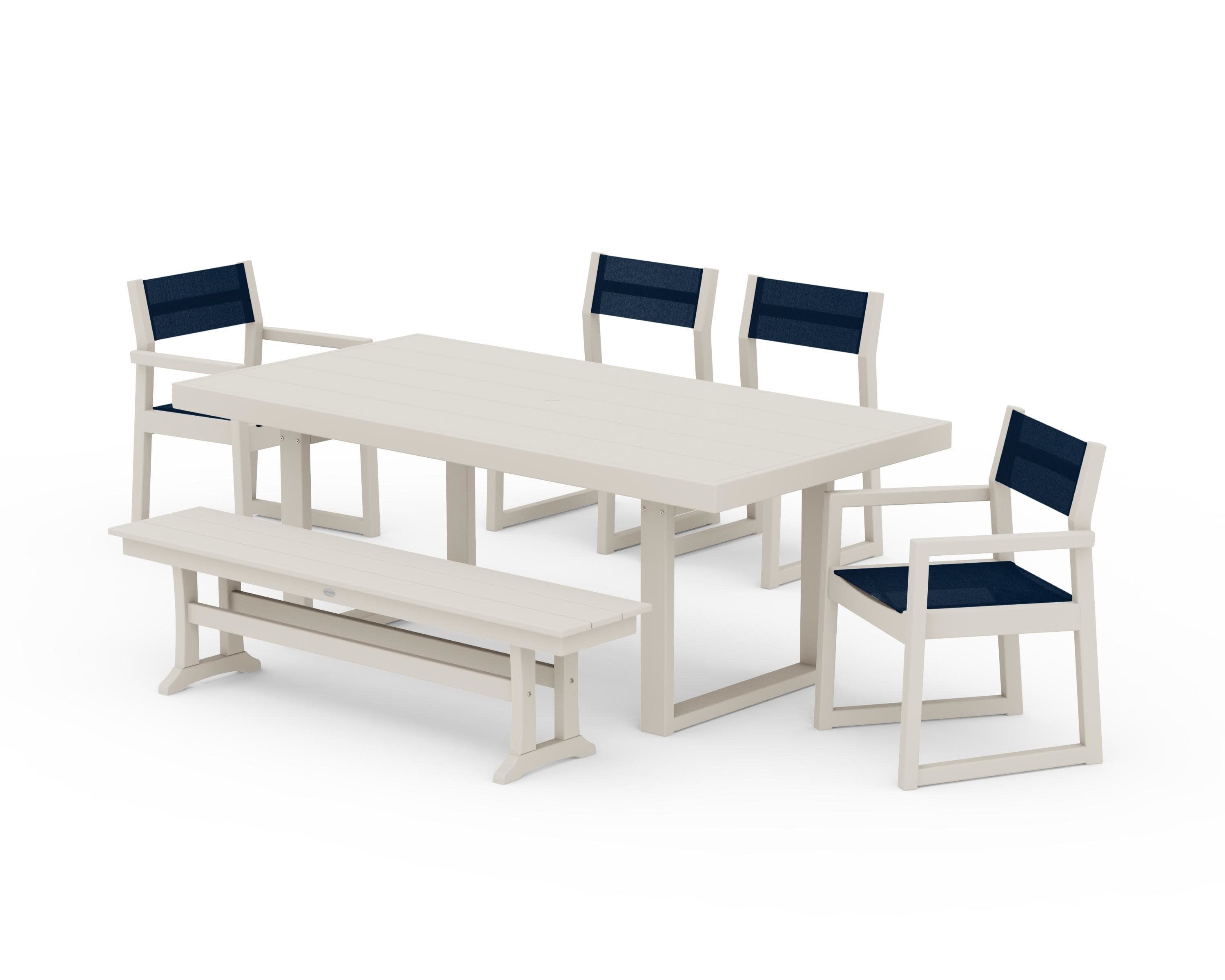 EDGE Sling 6-Piece Dining Set with Bench in Sand / Navy Blue Sling