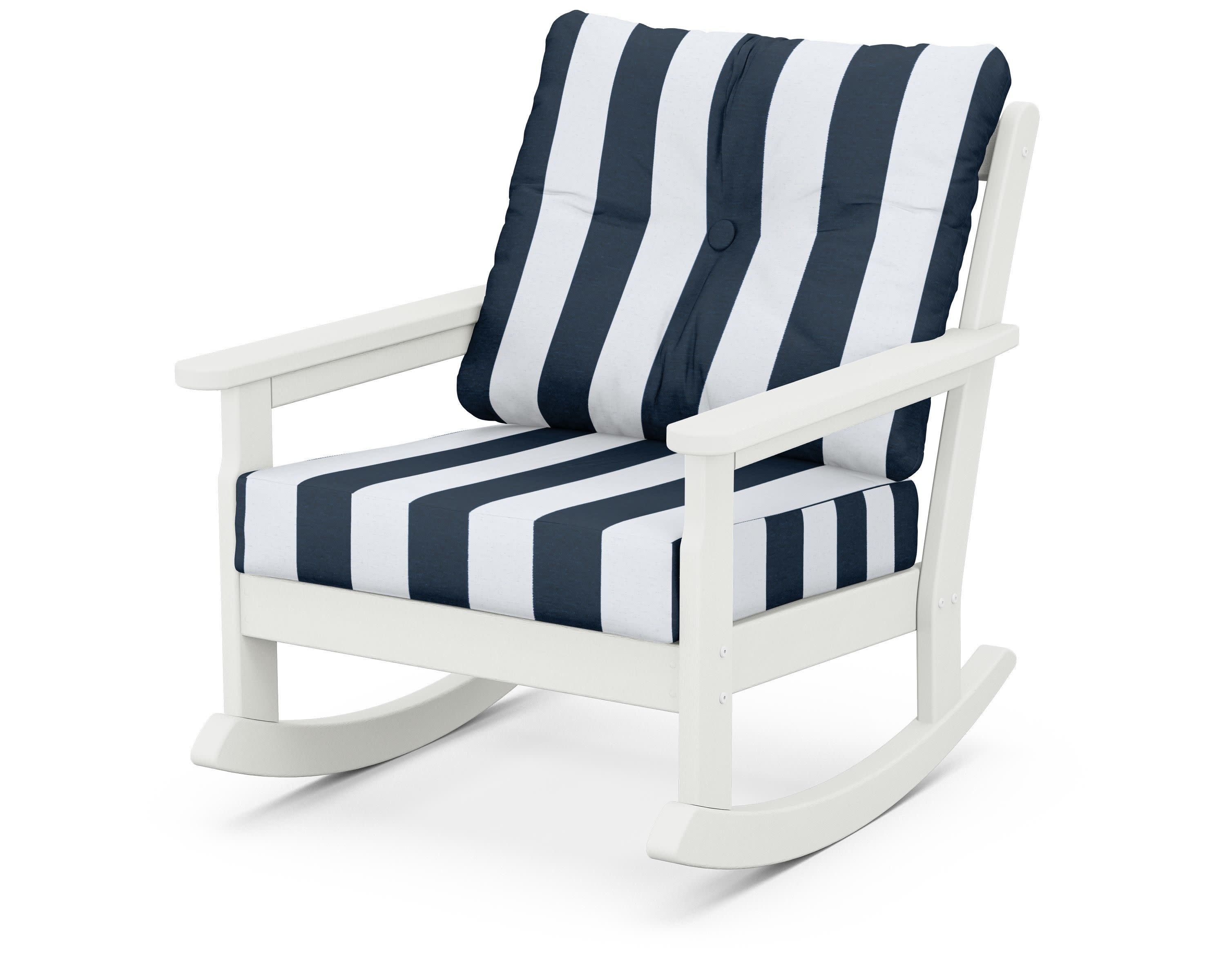 Vineyard Deep Seating Rocking Chair in Vintage White / Cabana Stripe Marine Indigo