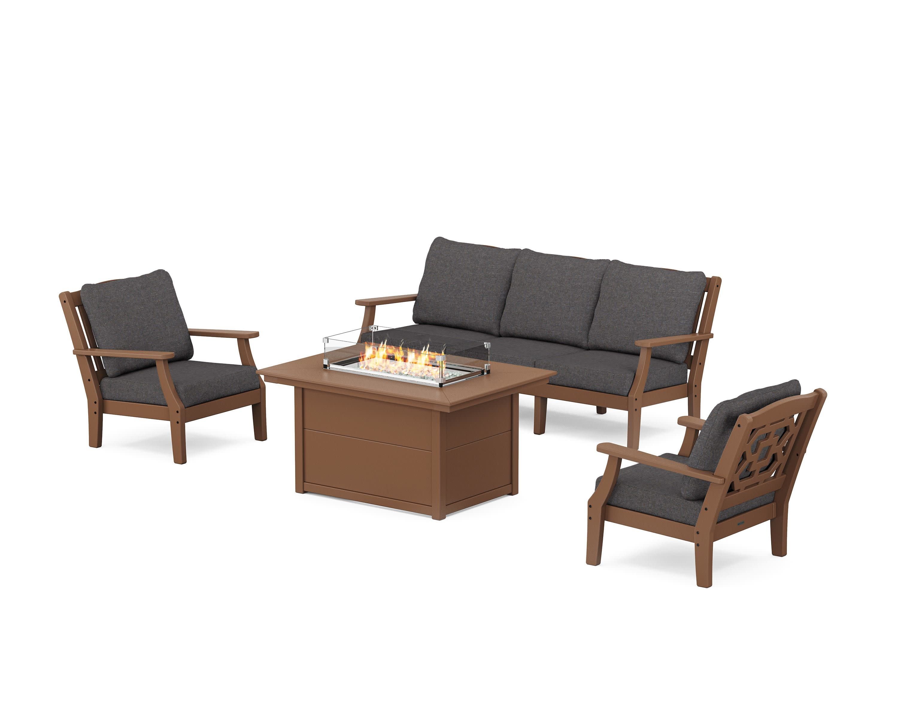 Chinoiserie Deep Seating Fire Pit Table Set in Teak / Ash Charcoal