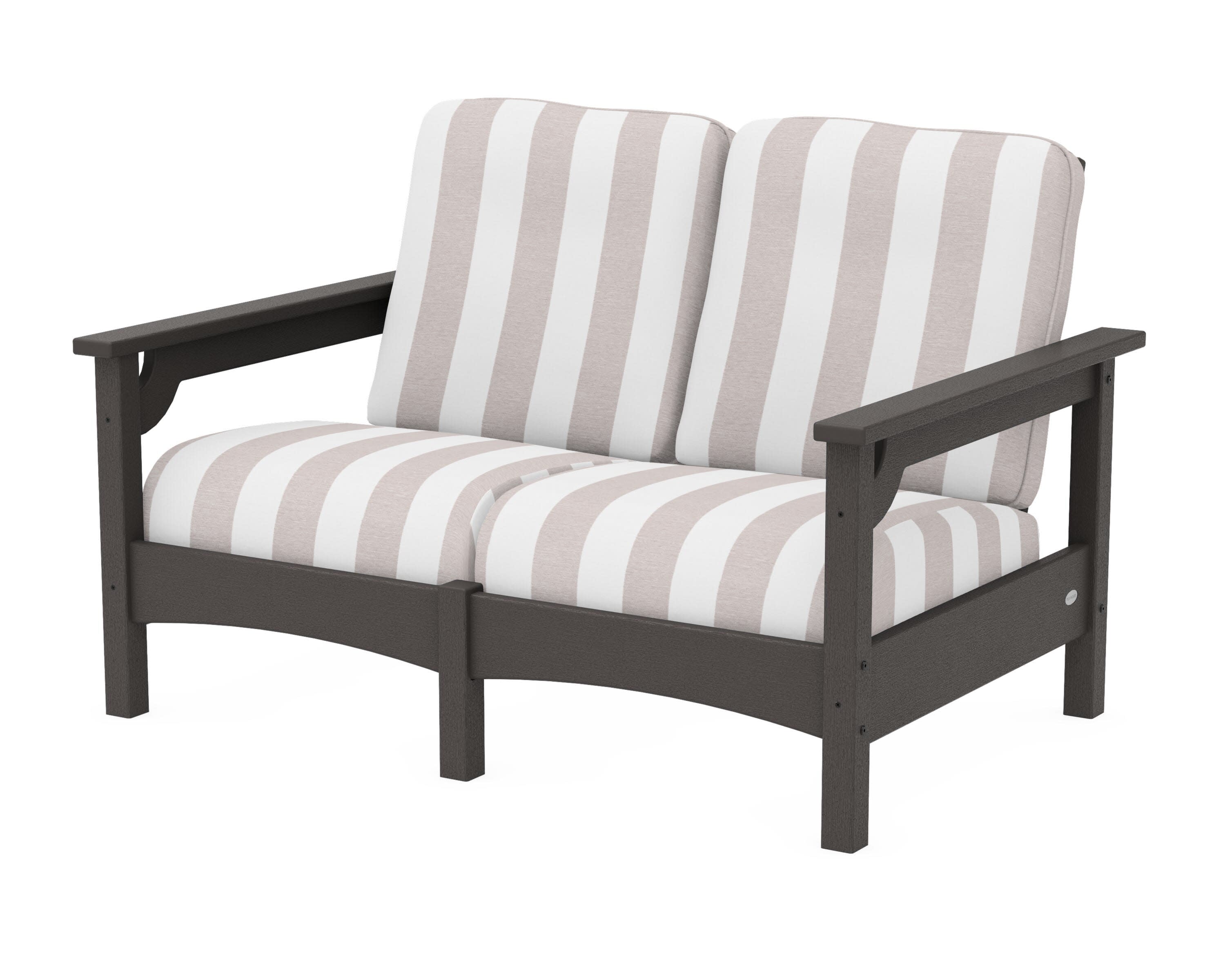 Club Loveseat in Vintage Coffee / Cabana Stripe Dune Burlap