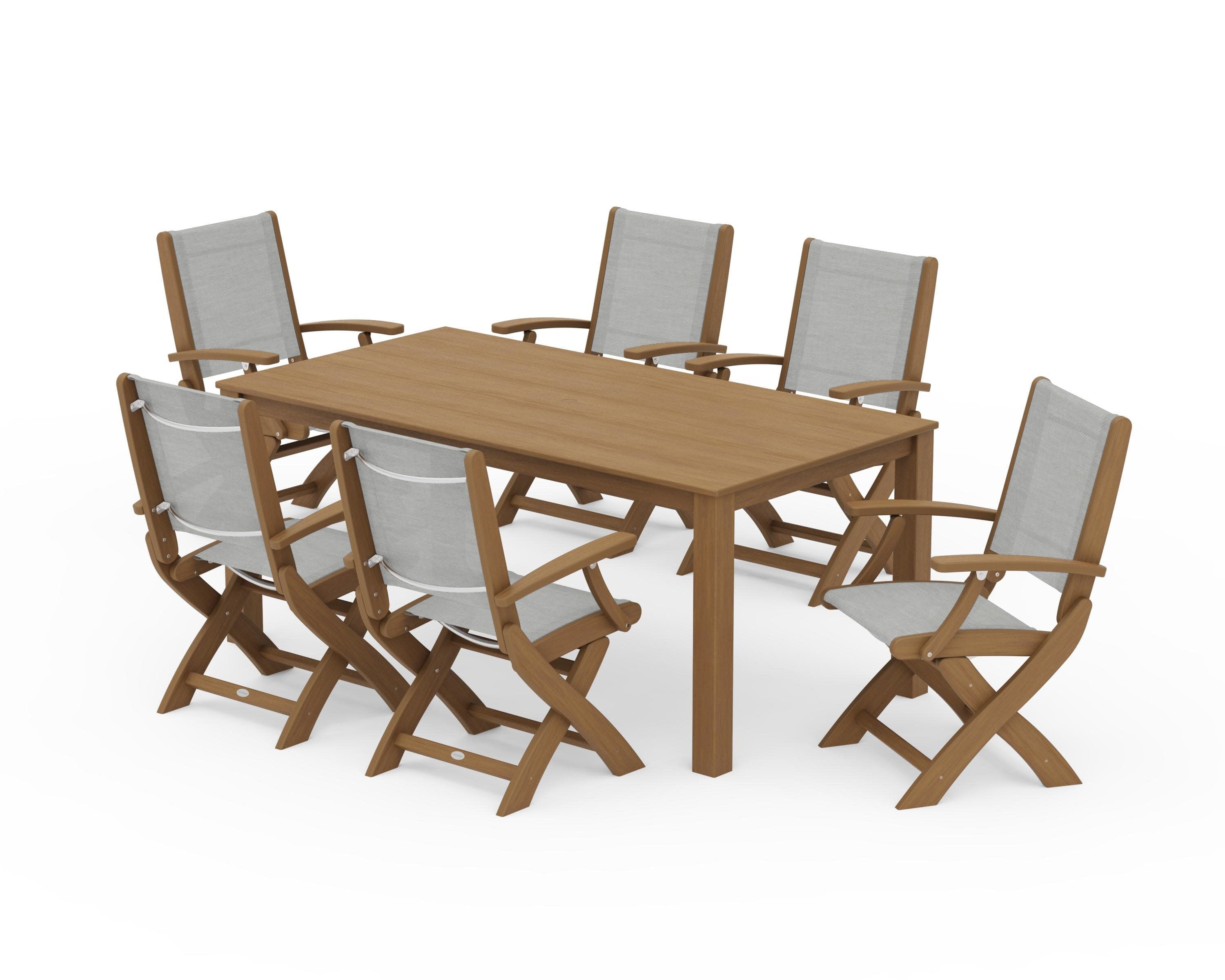 Coastal Folding Chair 7-Piece Parsons Dining Set in Natural / Metallic Sling
