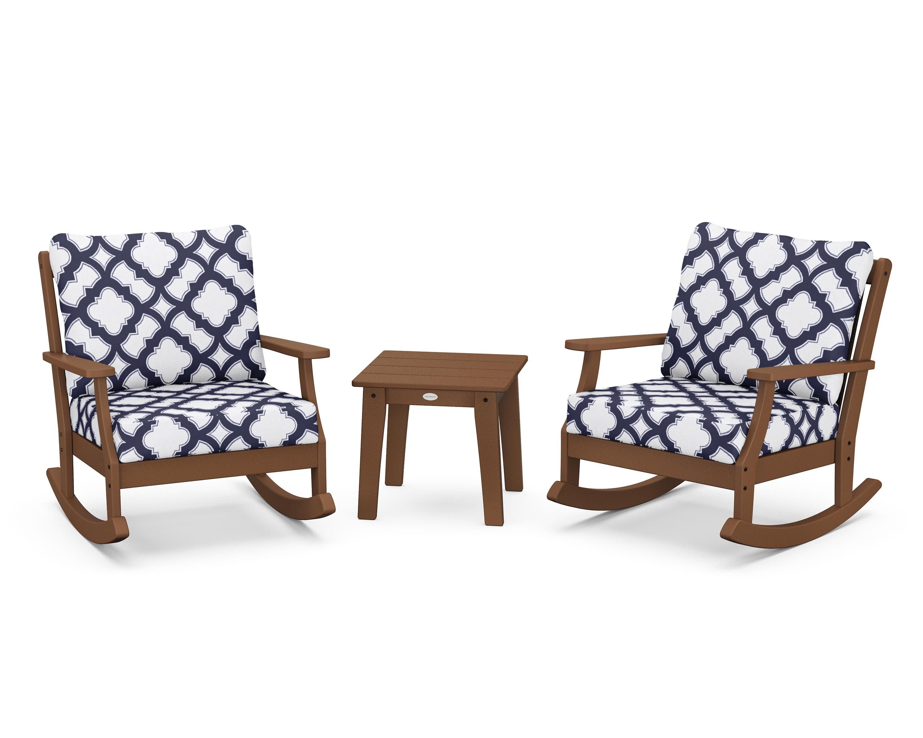 Braxton 3-Piece Deep Seating Rocker Set in Teak / Trellis Navy