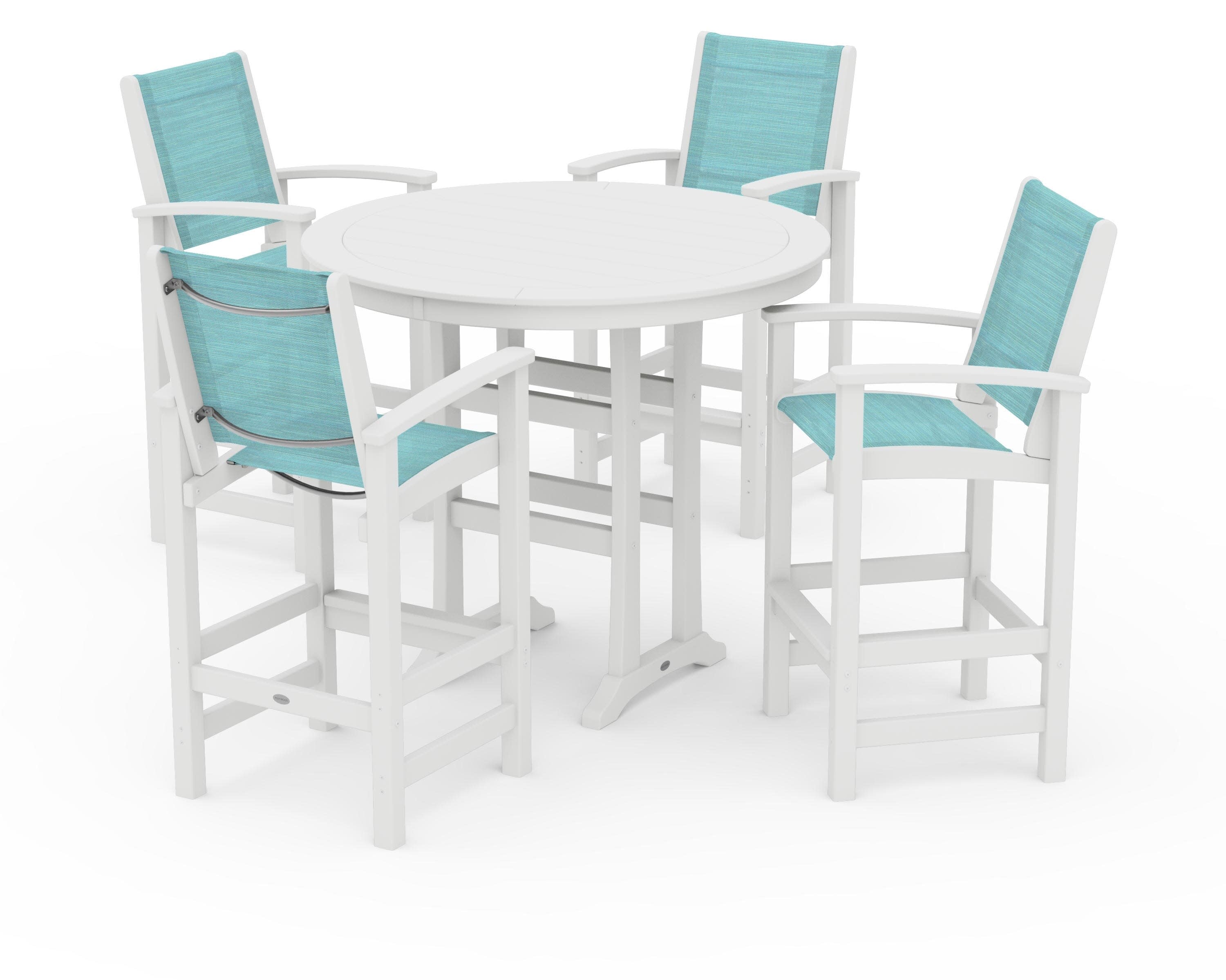 Coastal 5-Piece Nautical Trestle Bar Set in White / Dupioni Aquamarine Sling