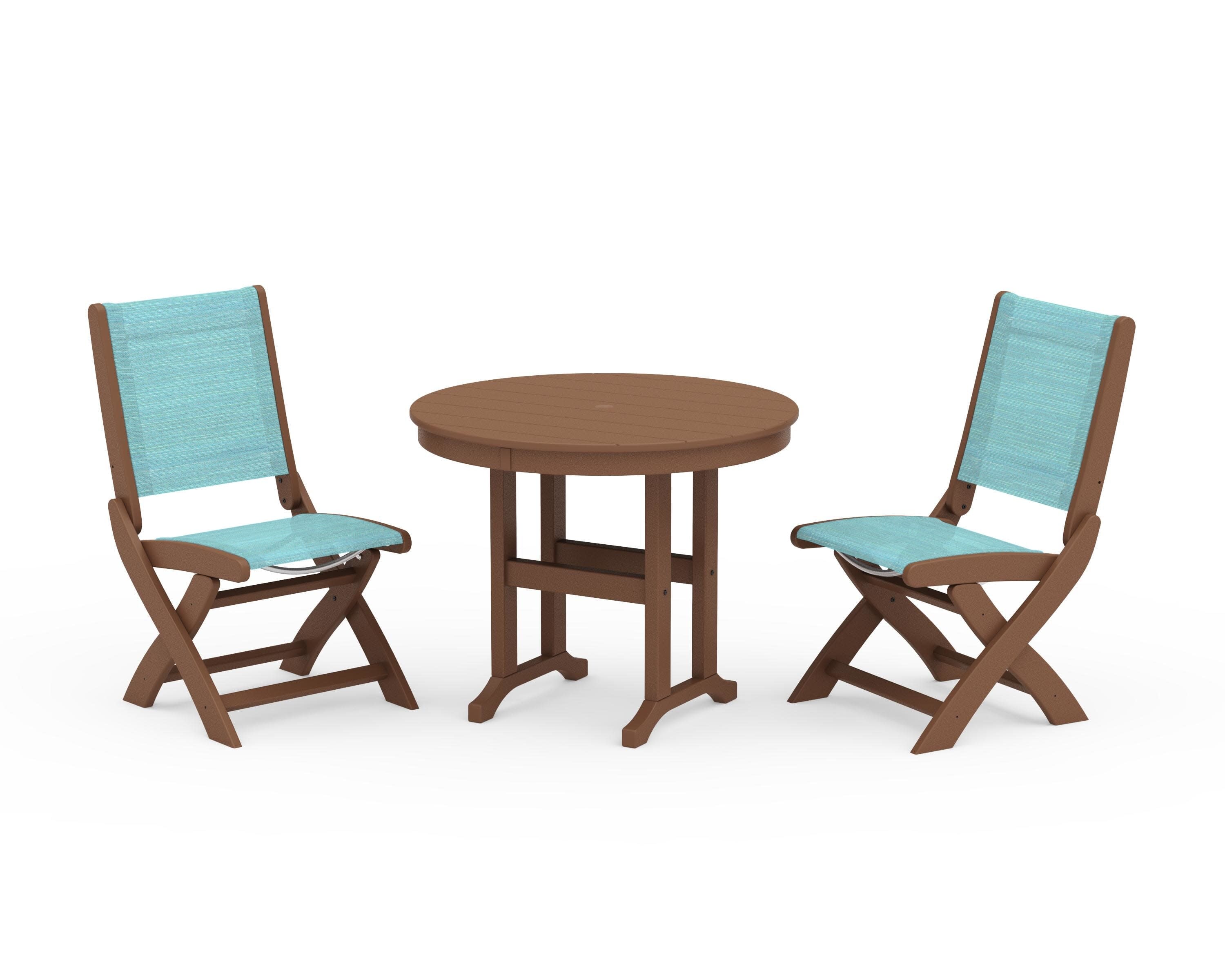 Coastal Folding Side Chair 3-Piece Round Dining Set in Teak / Dupioni Aquamarine Sling