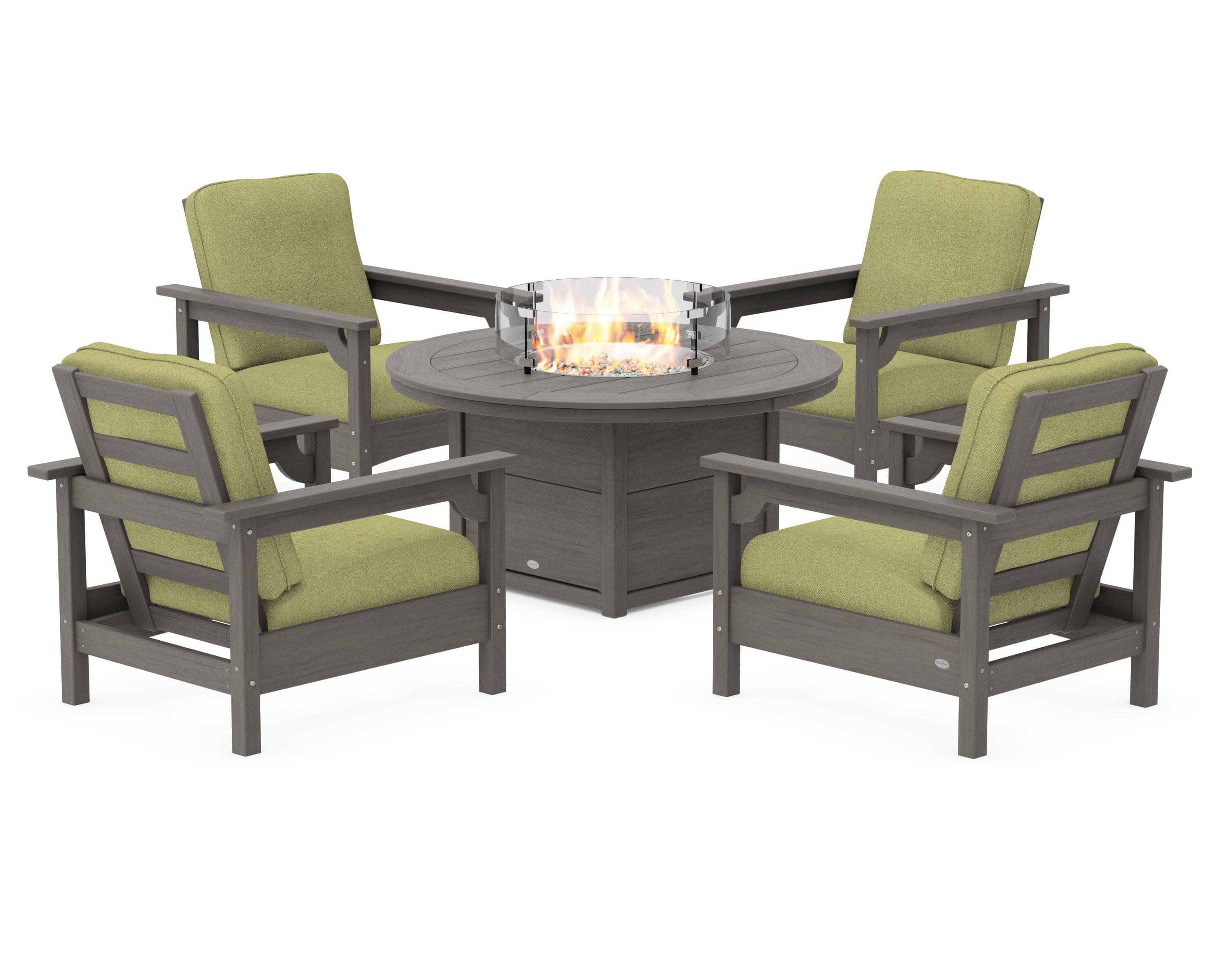Club 5-Piece Conversation Set with Fire Pit Table in Driftwood / Chartreuse Boucle