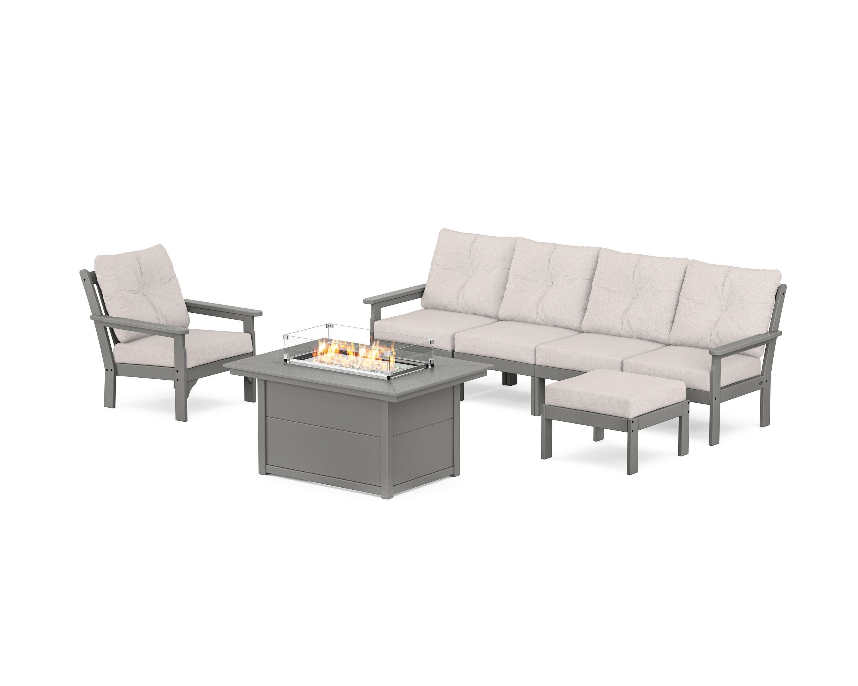 Vineyard Sectional Lounge and Fire Pit Set in Slate Grey / Dune Burlap