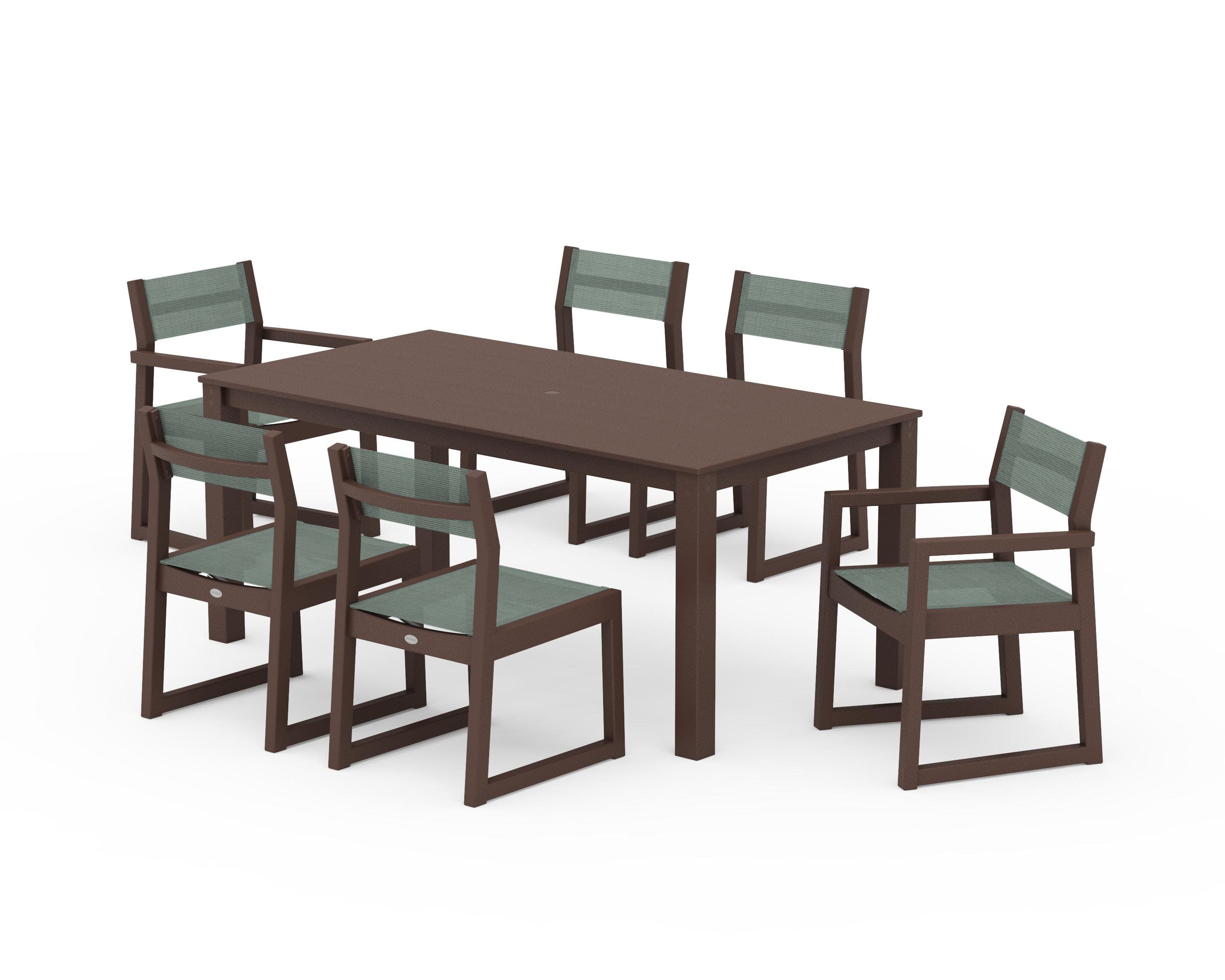 EDGE Sling 7-Piece Parsons Dining Set in Mahogany / Dupioni Sea Mist Sling