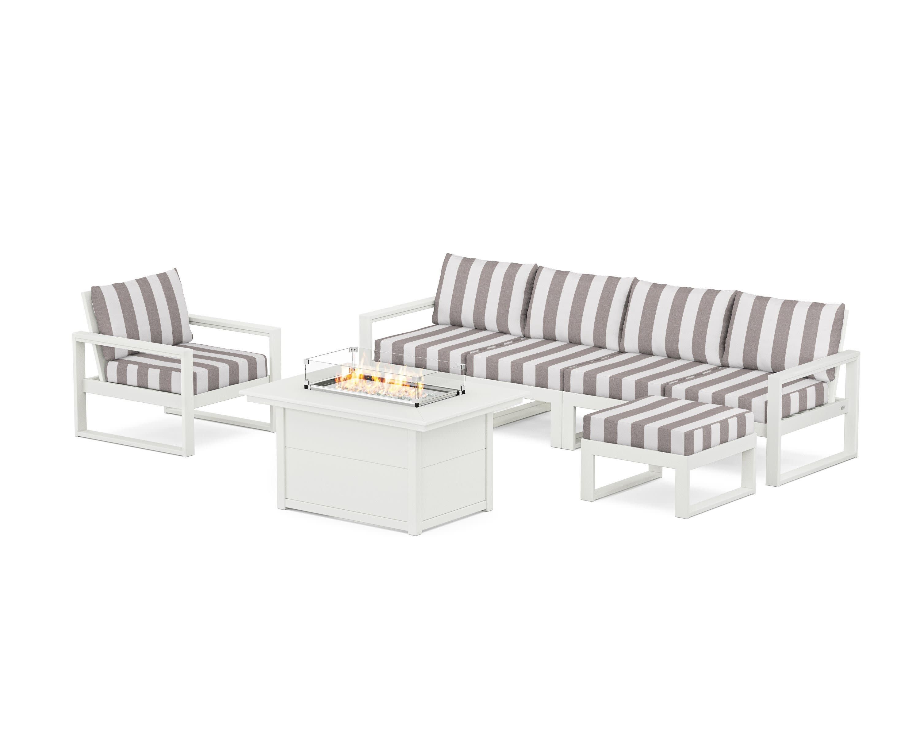 EDGE Sectional Lounge and Fire Pit Set in Vintage White / Cabana Stripe Grey Mist