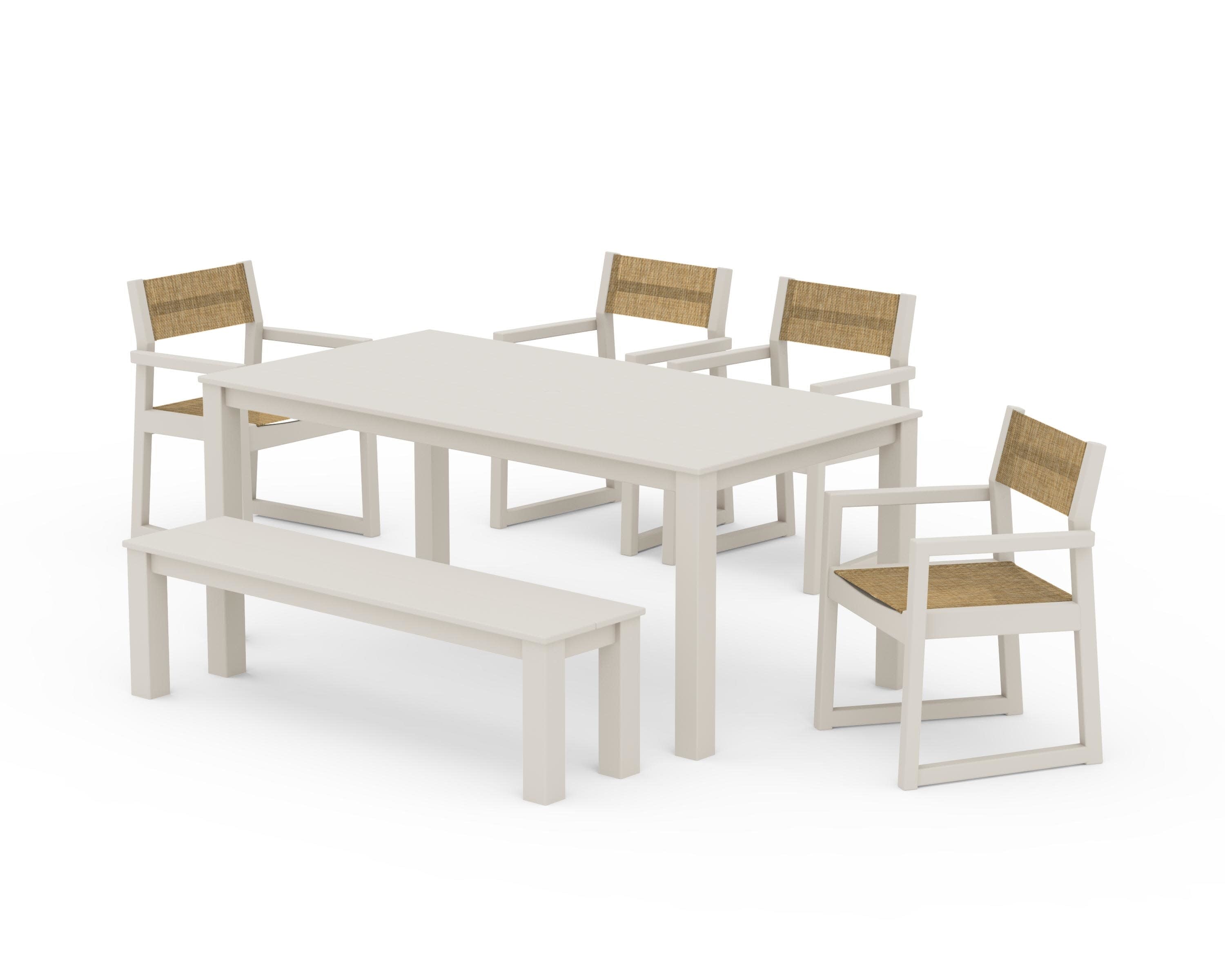 EDGE Sling Arm Chair 6-Piece Parsons Dining Set with Bench in Sand / Burlap Sling