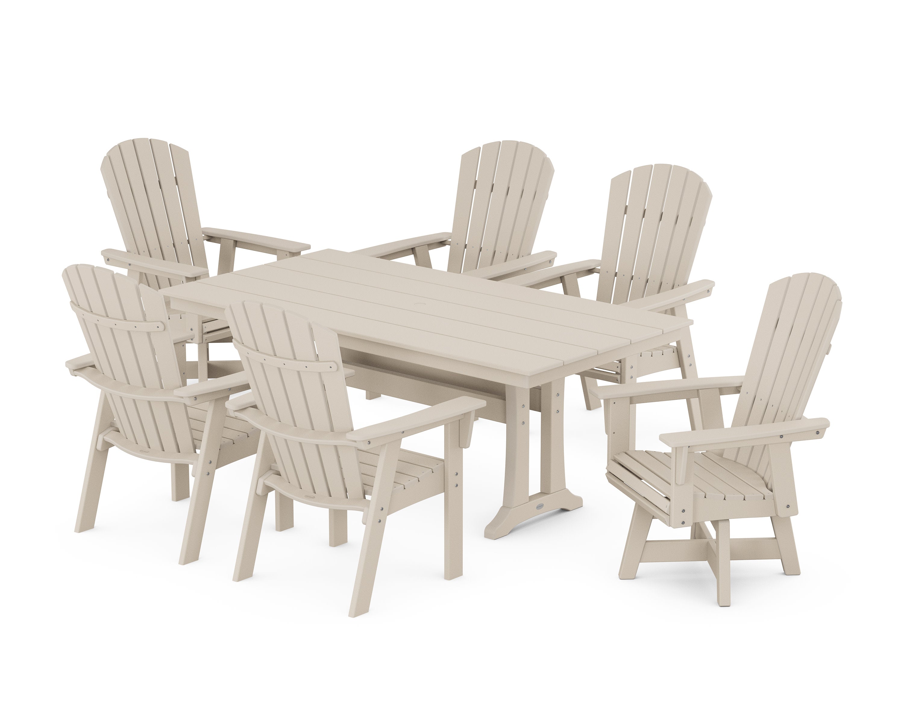 Nautical Curveback Adirondack Swivel Chair 7-Piece Farmhouse Dining Set With Trestle Legs in Sand