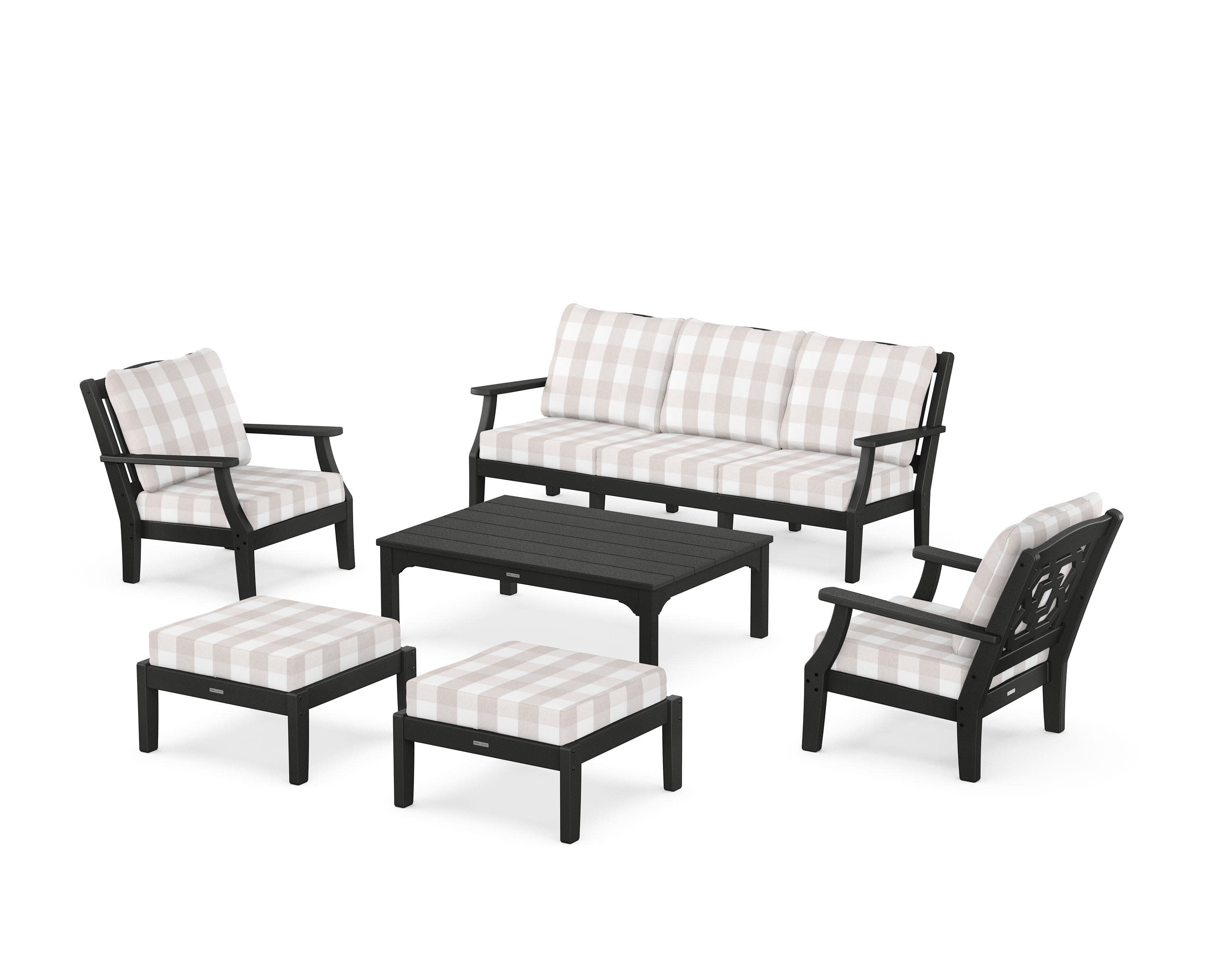 Chinoiserie 6-Piece Lounge Sofa Set in Black / Buffalo Plaid Dune Burlap