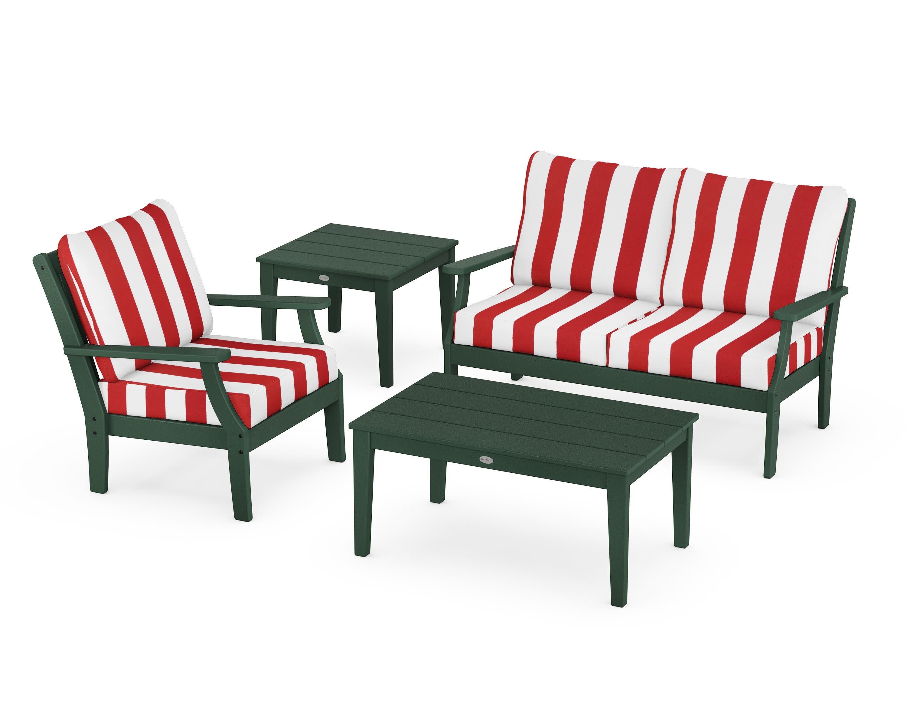 Braxton 4-Piece Deep Seating Set in Green / Cabana Stripe Crimson