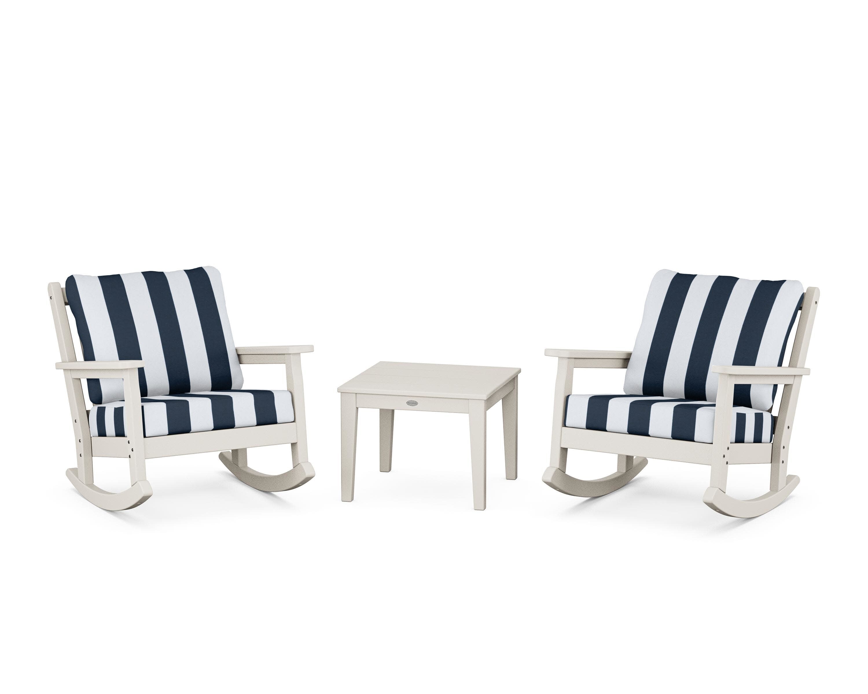 Chippendale 3-Piece Deep Seating Rocker Set in Sand / Cabana Stripe Marine Indigo