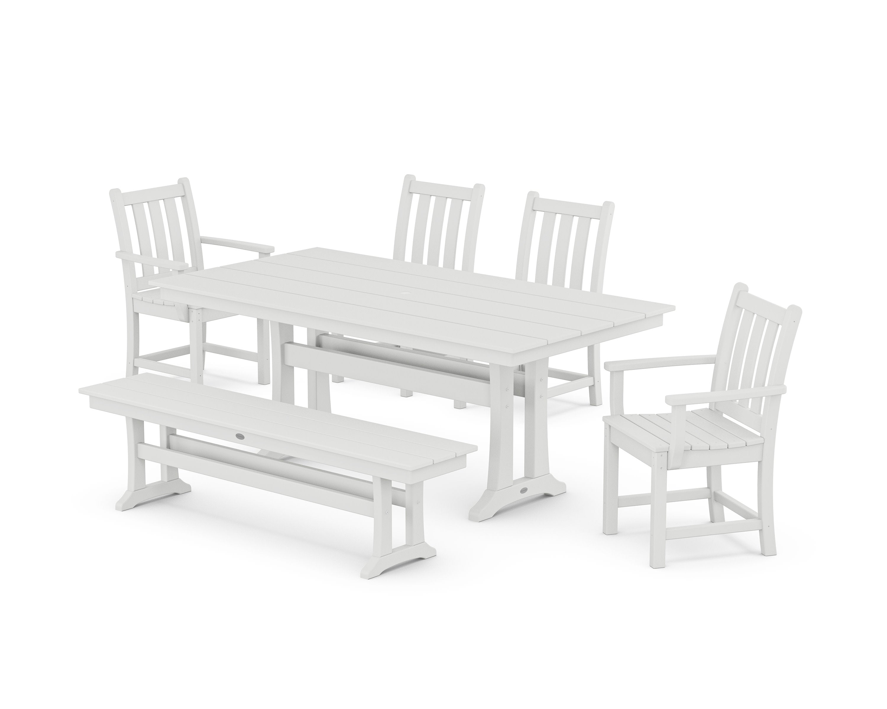 Traditional Garden 6-Piece Farmhouse Dining Set with Trestle Legs and Bench in White
