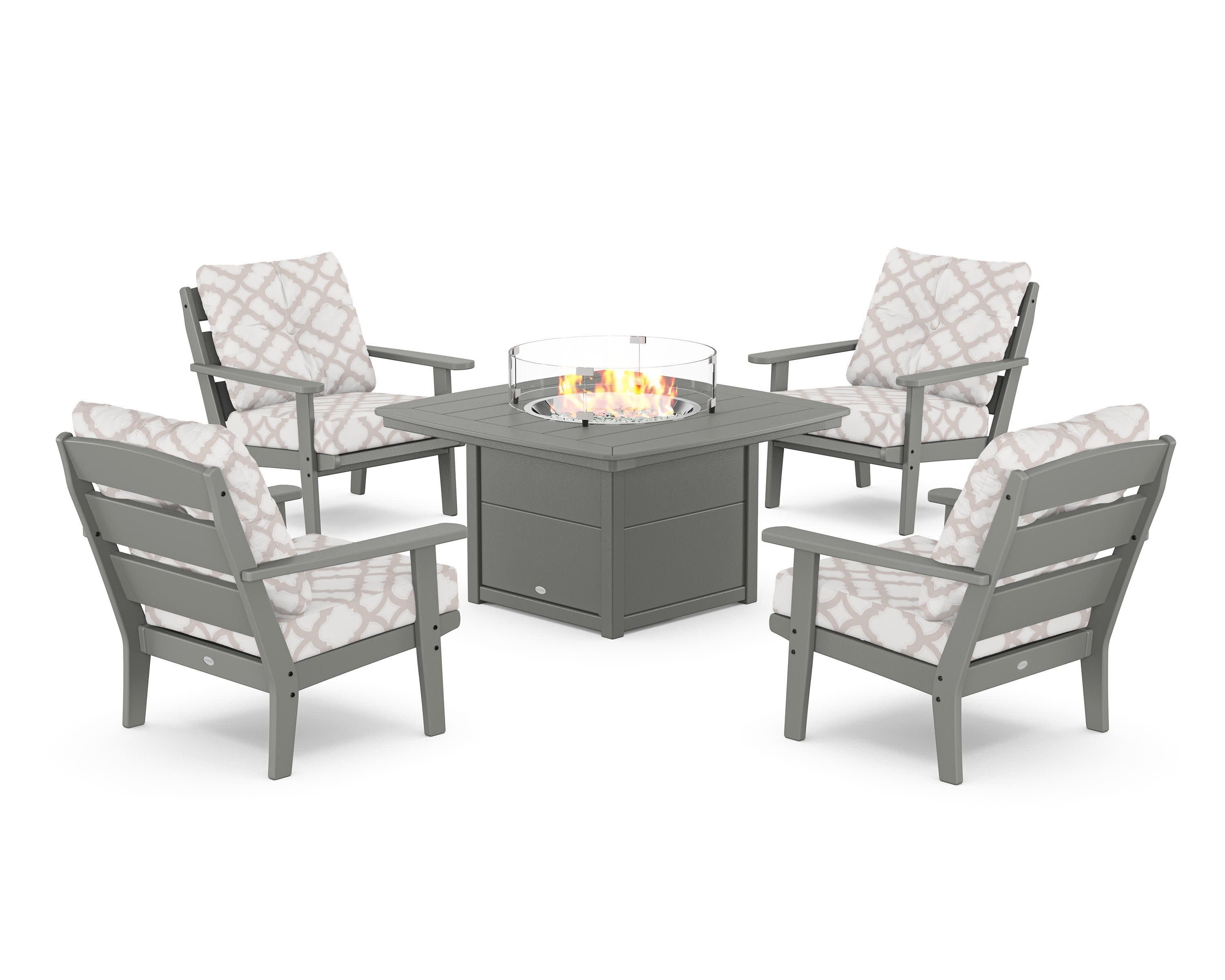 Lakeside 5-Piece Deep Seating Set with Nautical Fire Pit Table in Slate Grey / Trellis Dune Burlap