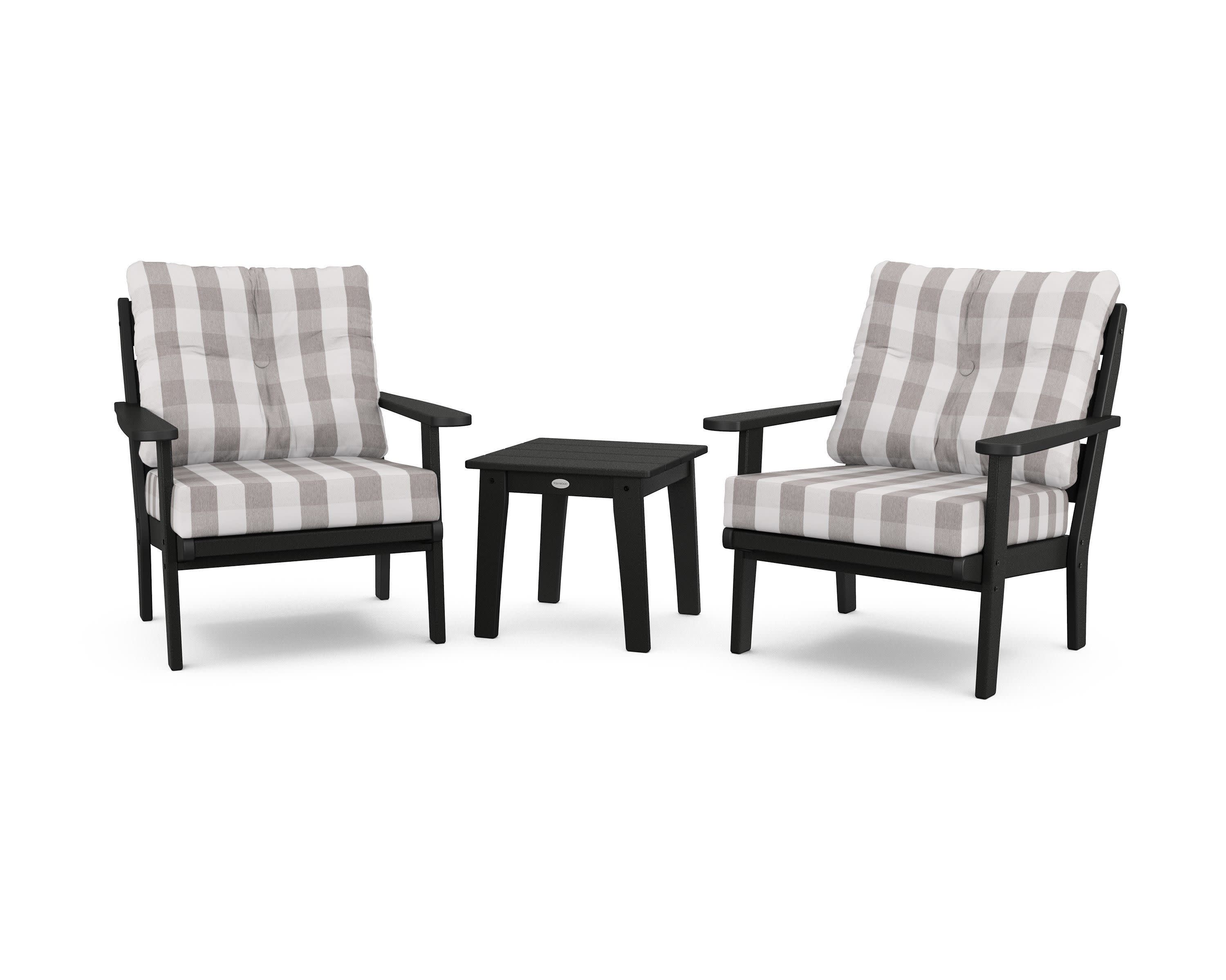 Lakeside 3-Piece Deep Seating Chair Set in Black / Buffalo Plaid Grey Mist