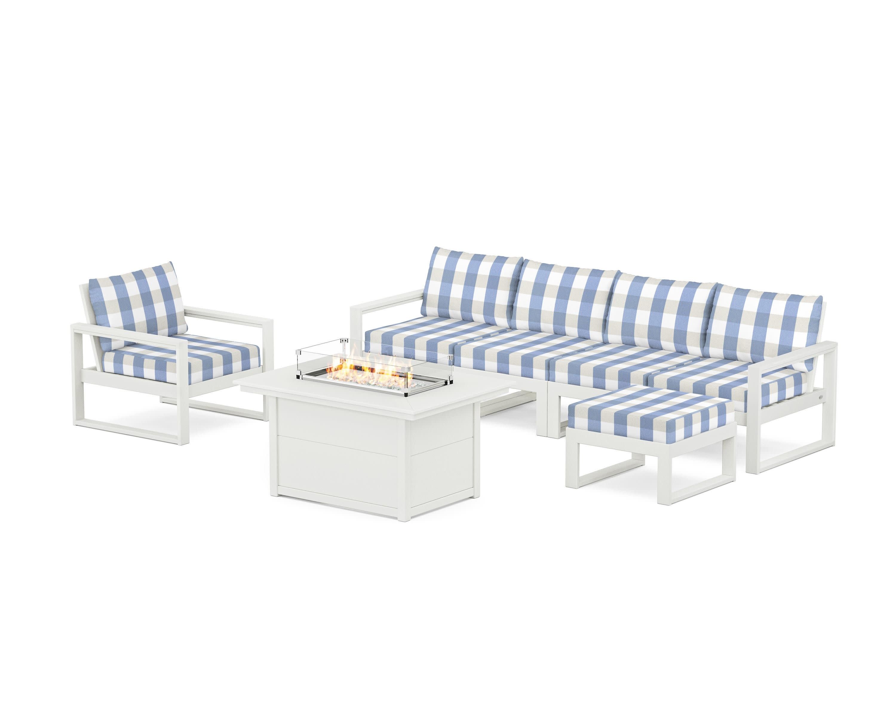 EDGE Sectional Lounge and Fire Pit Set in Vintage White / Buffalo Plaid Sky Blue