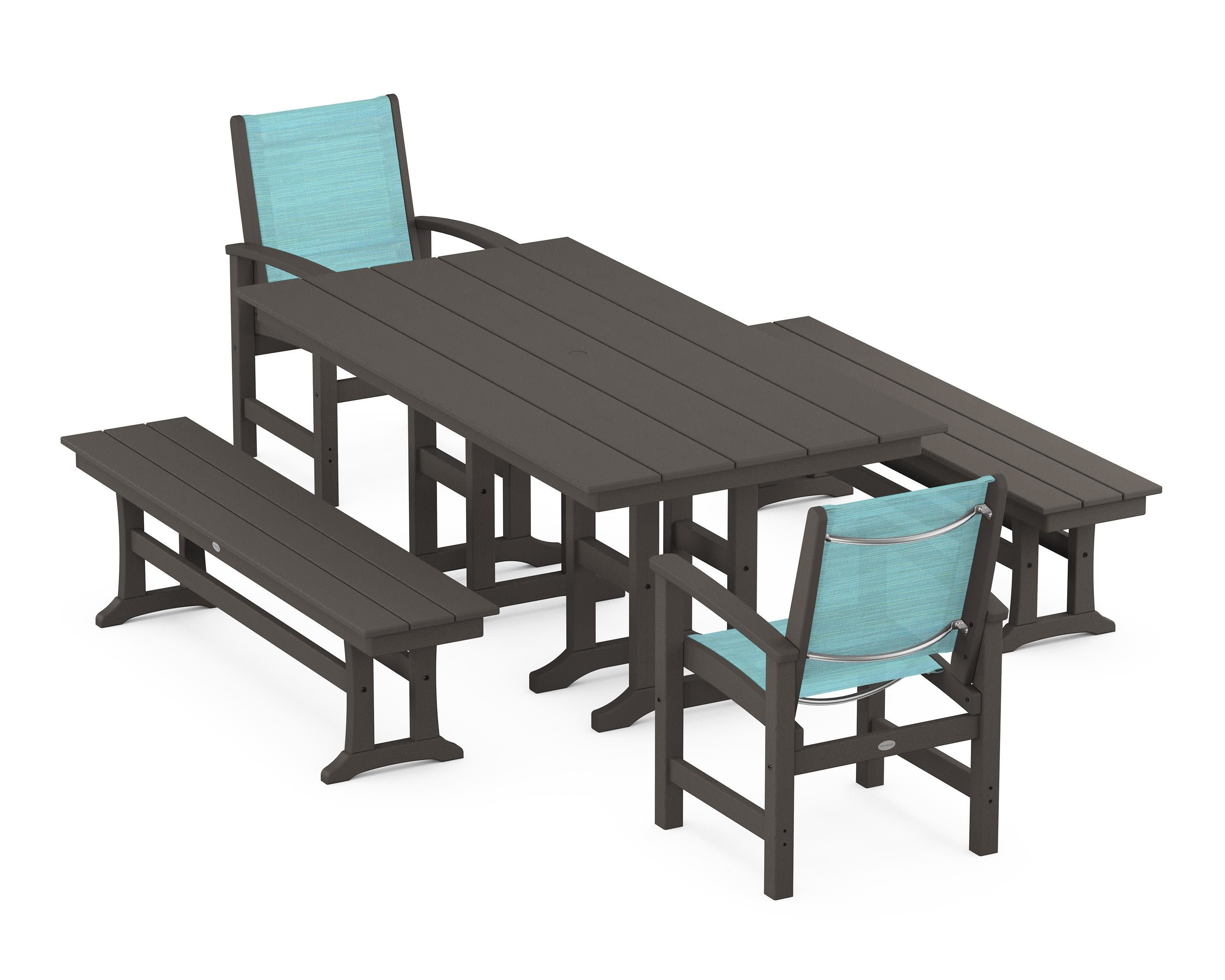 Coastal 5-Piece Farmhouse Dining Set in Vintage Coffee / Dupioni Aquamarine Sling