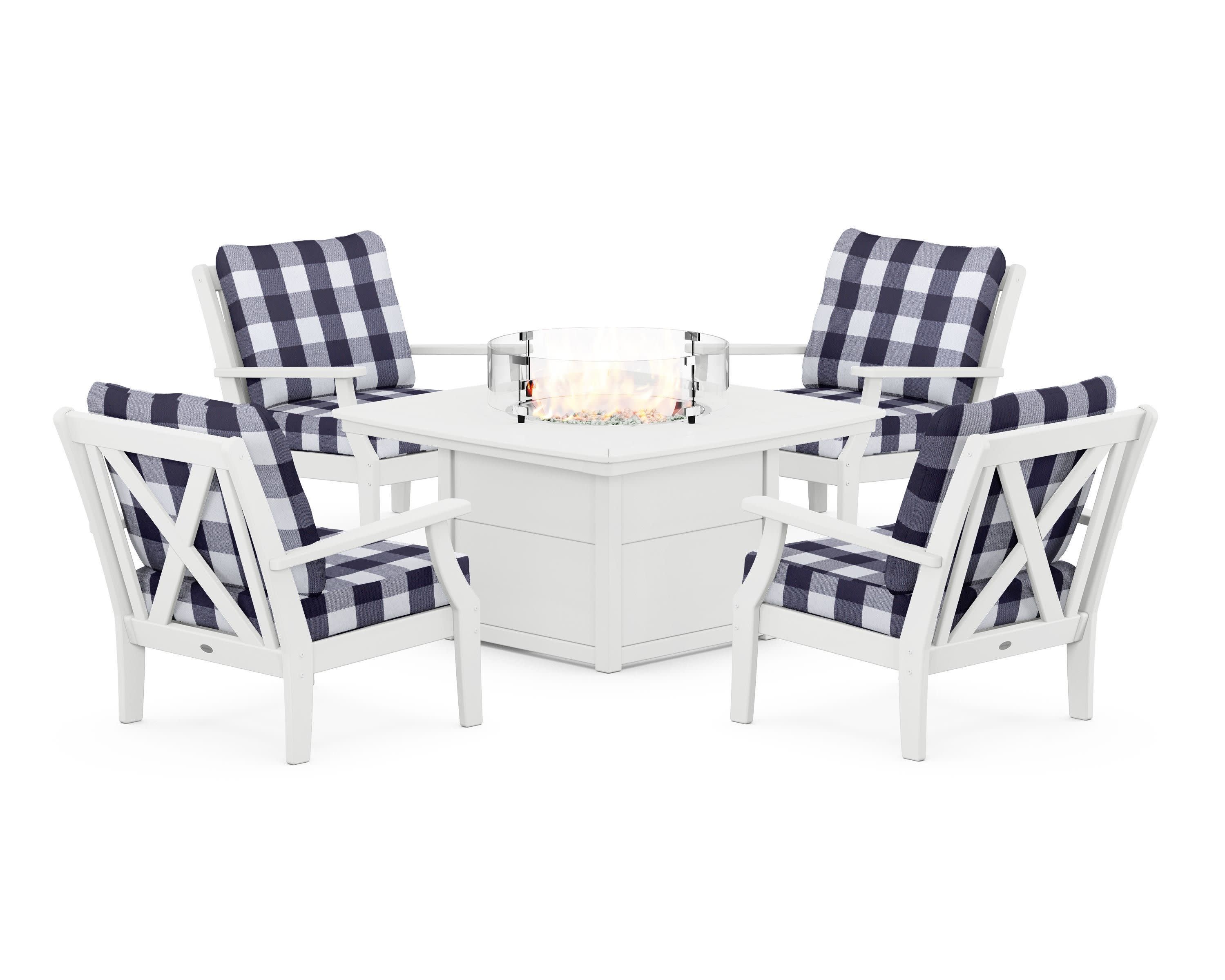 Braxton 5-Piece Deep Seating Conversation Set with Fire Pit Table in White / Buffalo Plaid Navy
