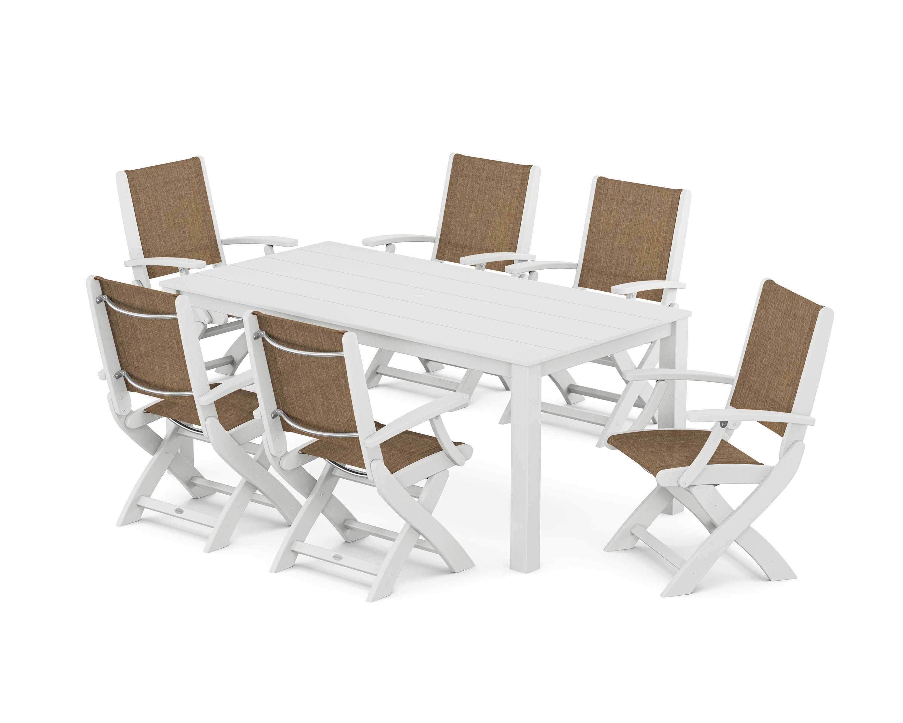 Coastal Folding Chair 7-Piece Parsons Dining Set in White / Burlap Sling