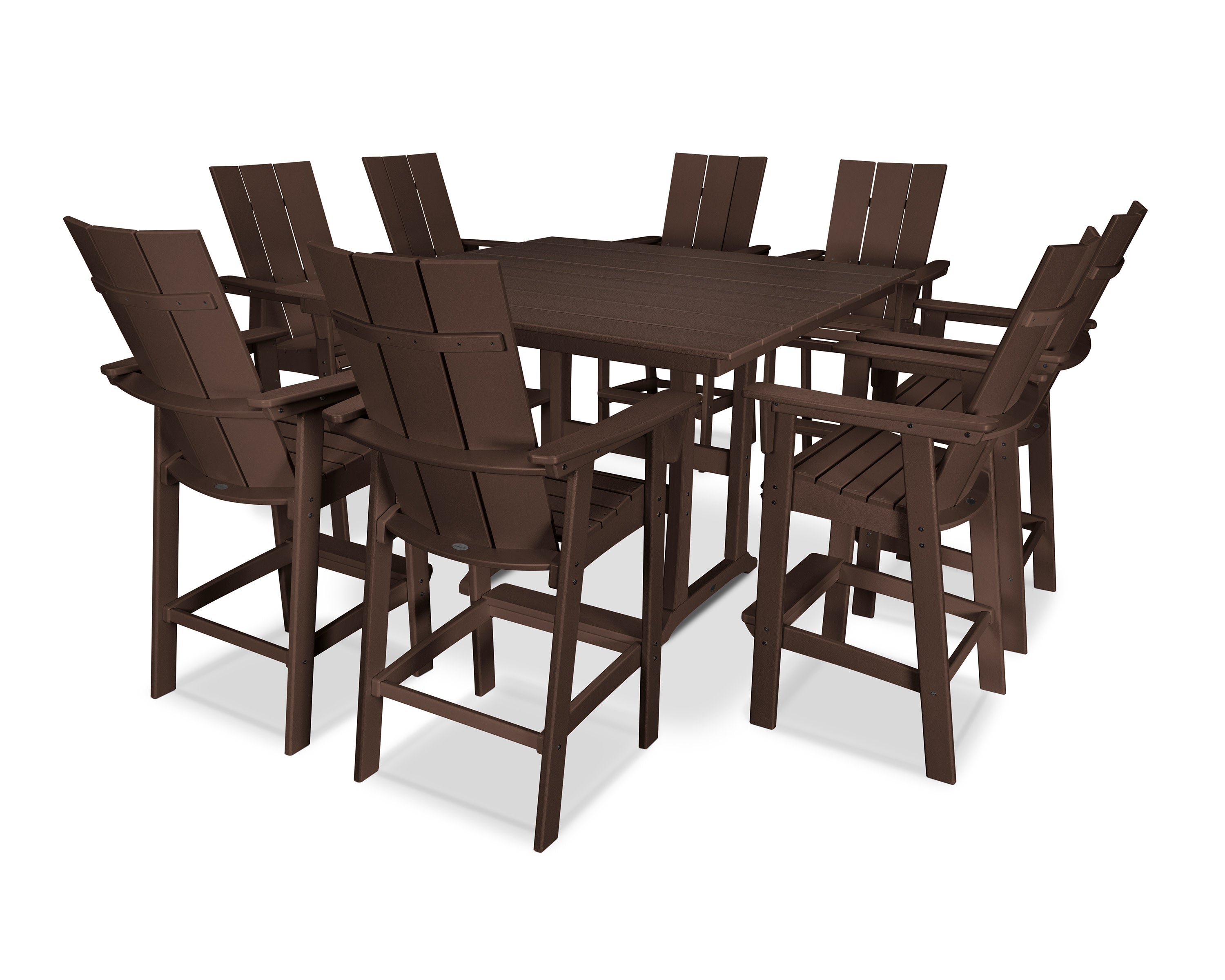 Modern Curveback Adirondack 9-Piece Farmhouse Trestle Bar Set in Mahogany