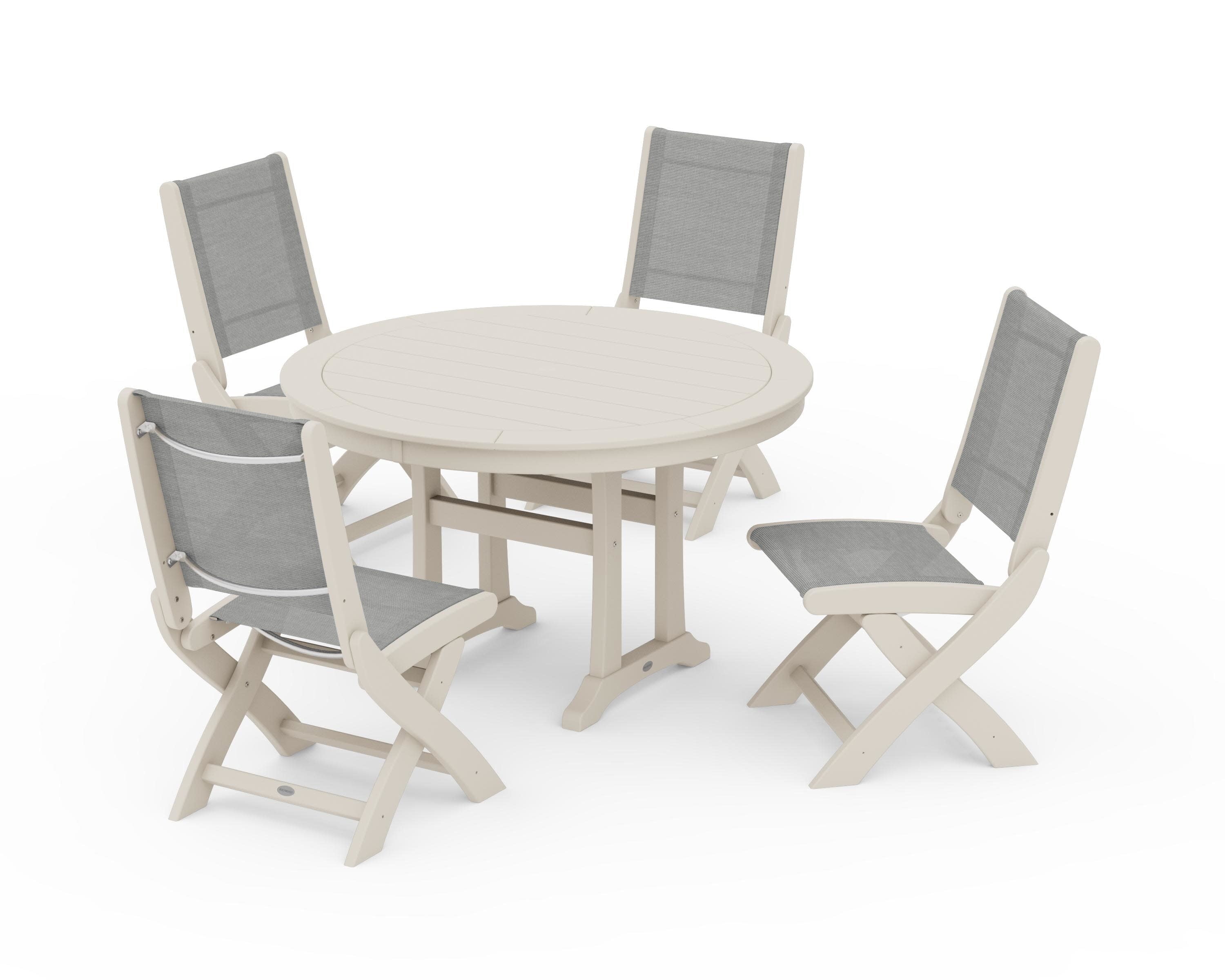 Coastal Folding Side Chair 5-Piece Round Dining Set With Trestle Legs in Sand / Metallic Sling