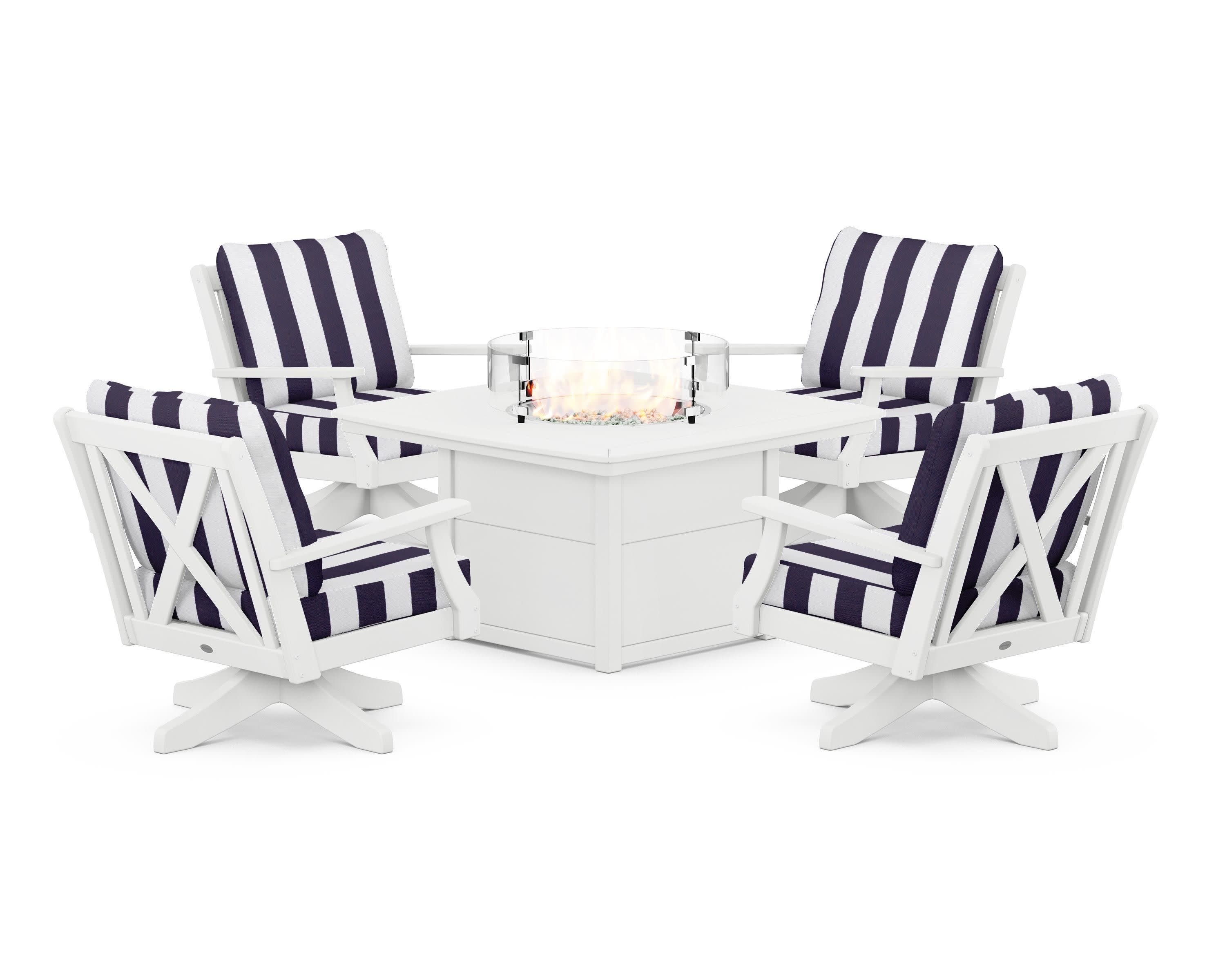 Braxton 5-Piece Deep Seating Swivel Conversation Set with Fire Pit Table in White / Cabana Stripe Navy