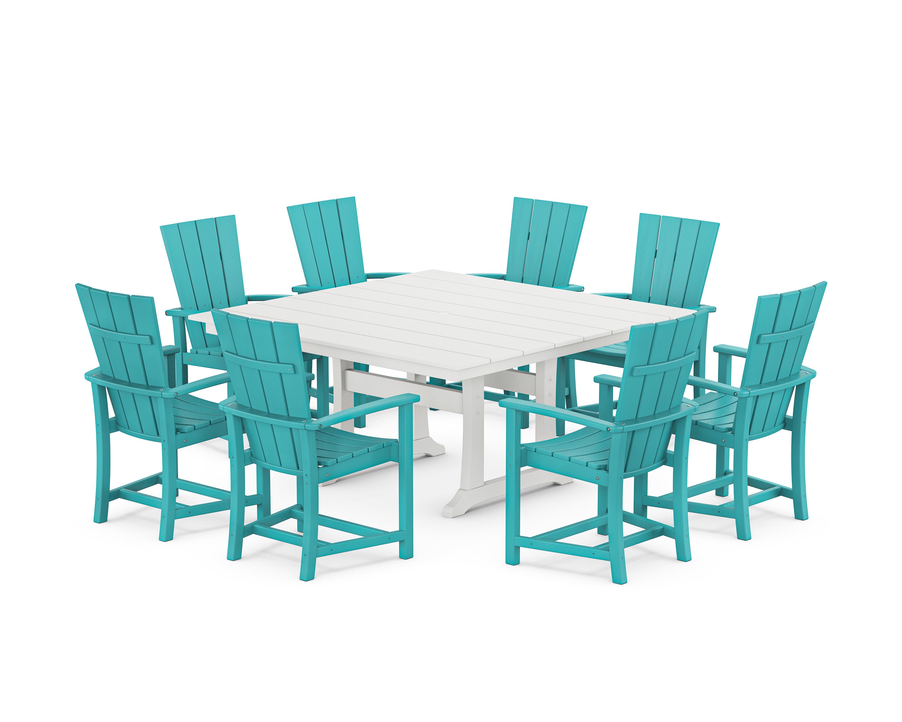 Quattro 9-Piece Square Farmhouse Dining Set with Trestle Legs in Aruba / White